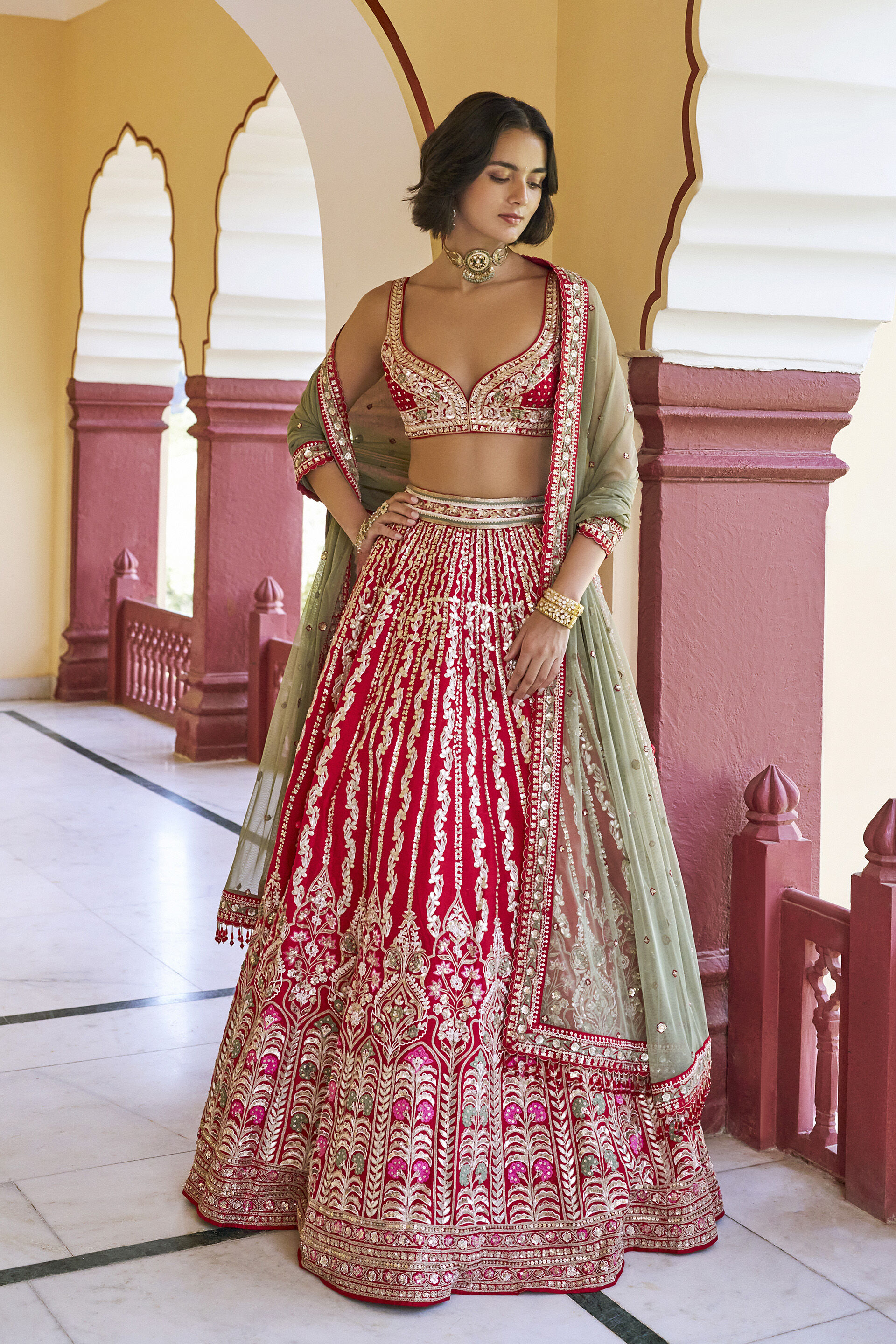 Kindness Embroidered Zardozi Silk Lehenga Set - ​Red
