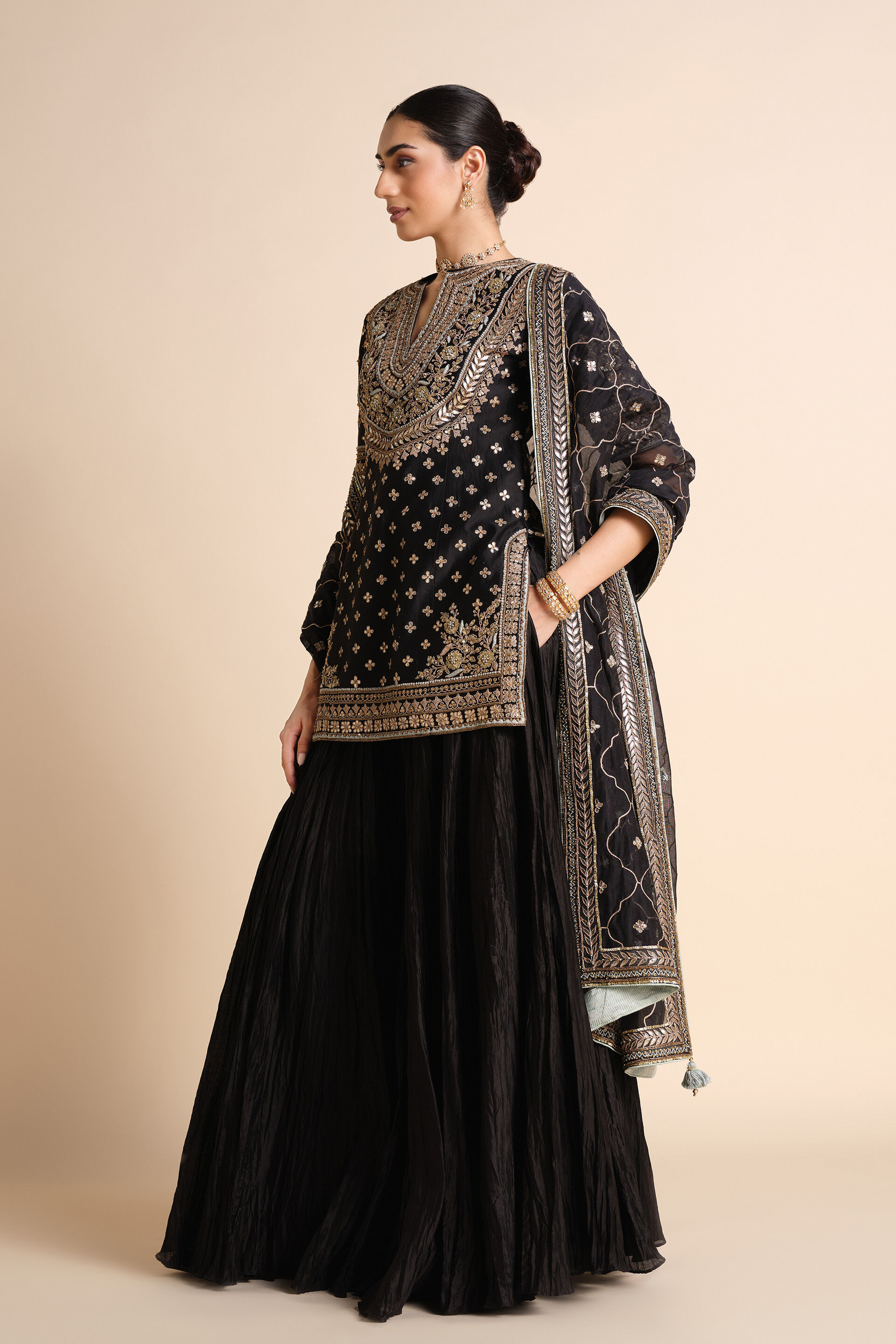 Sahasra Gota Patti Silk Sharara Set - Black, Black, image 3