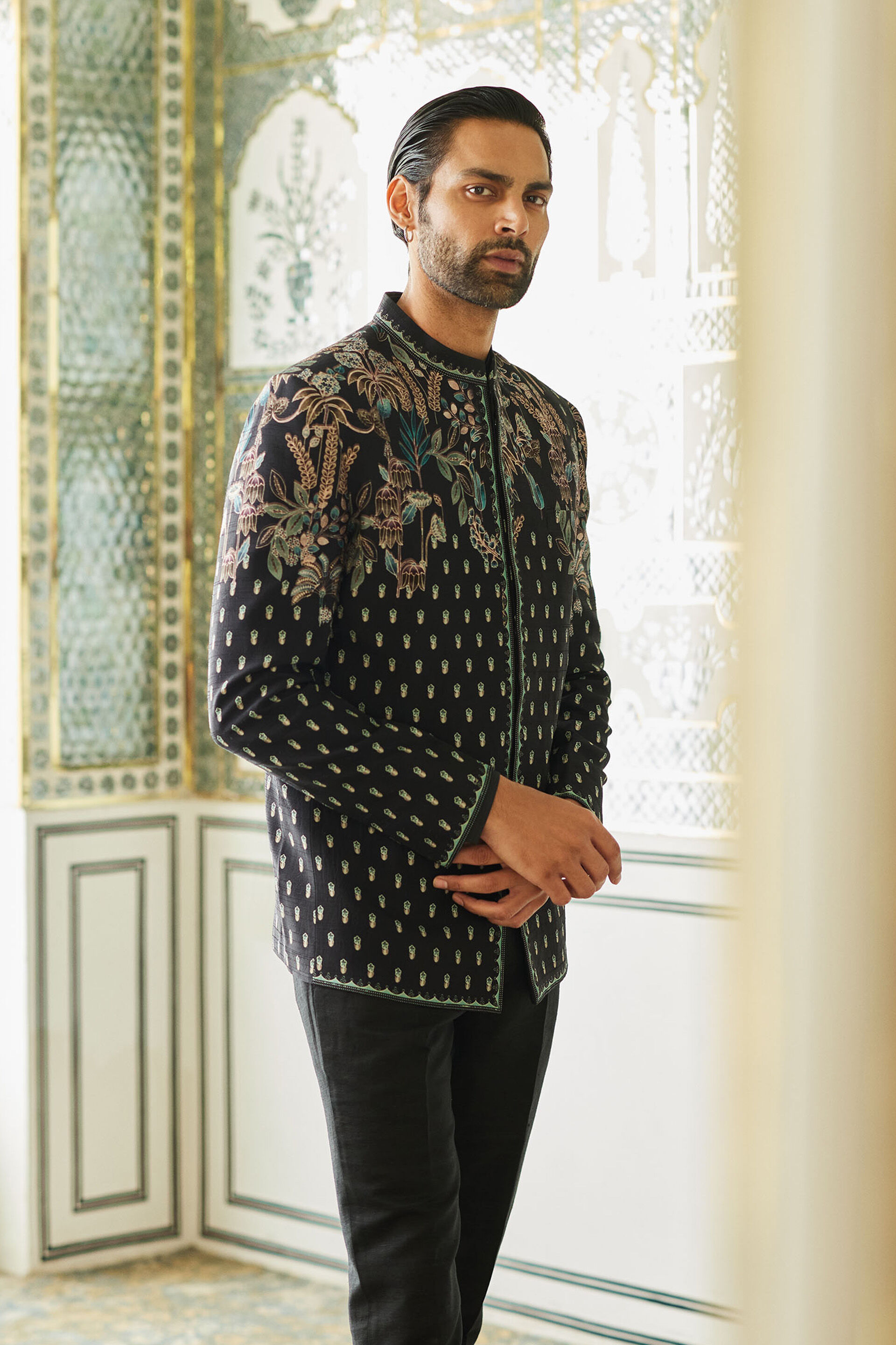 Amdur Silk Bandhgala - Black, Black, image 4