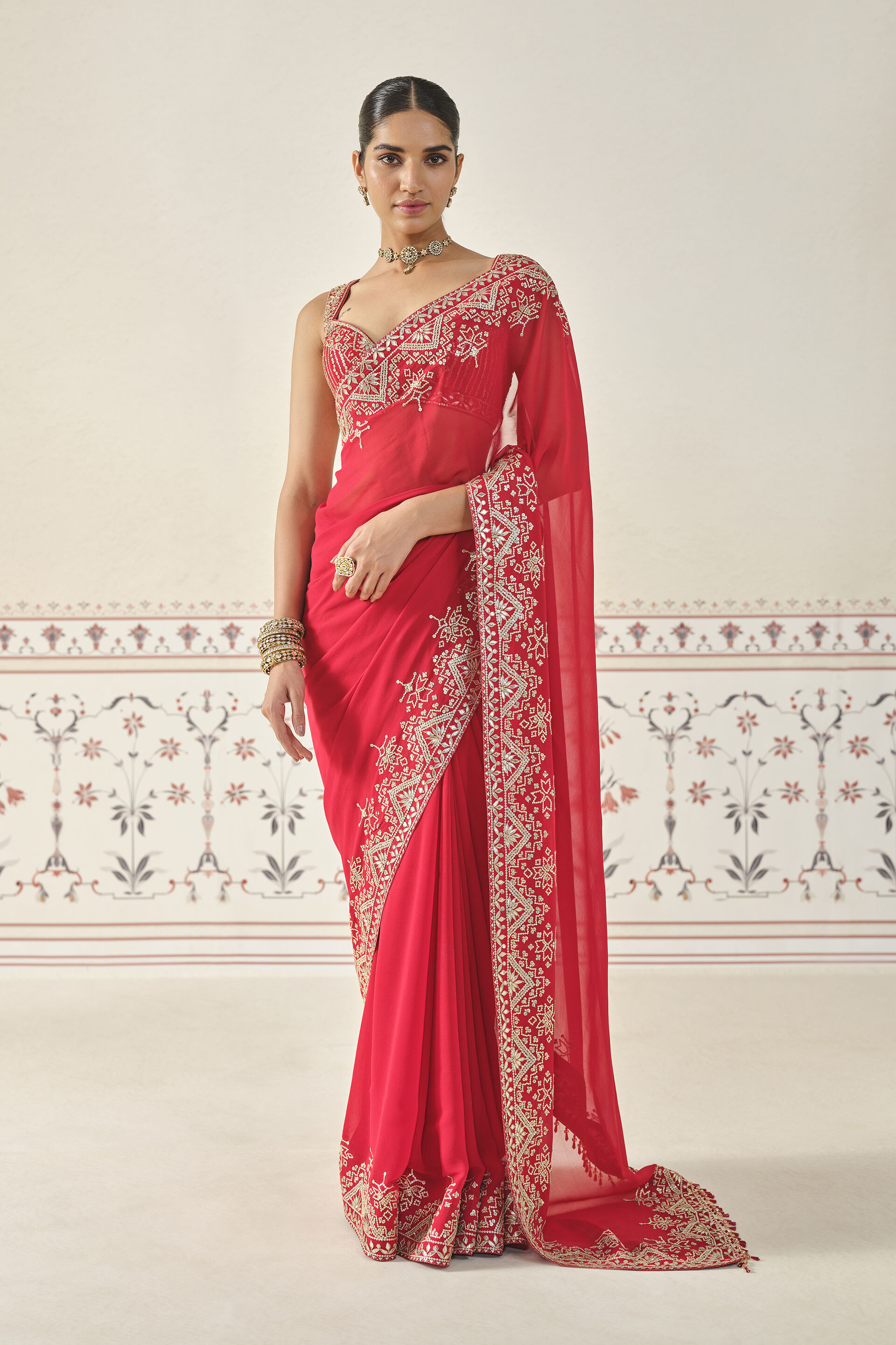 Shyena Gota Patti Georgette Saree - Red