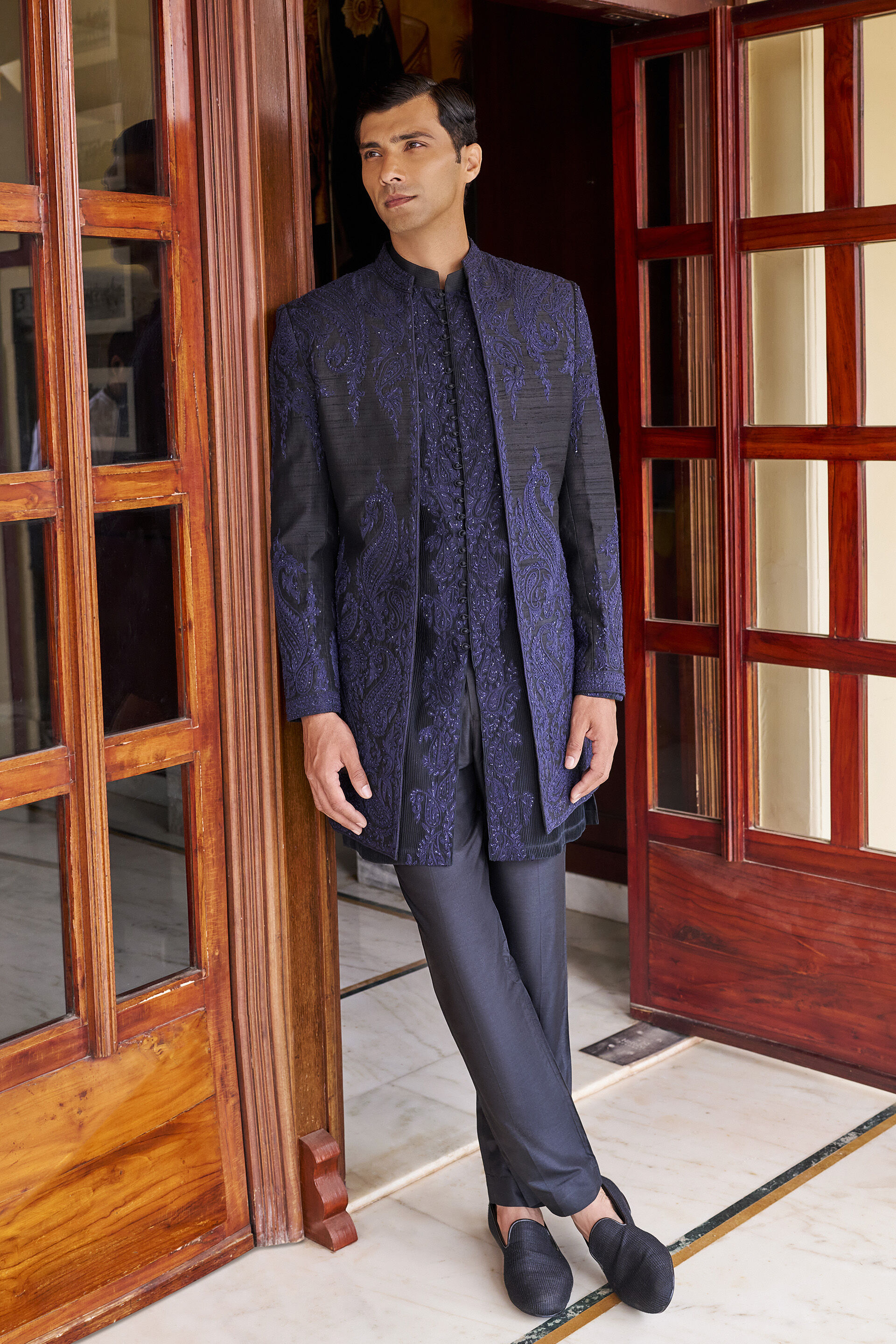 Eternal Embroidered Cord Silk Sherwani - Black