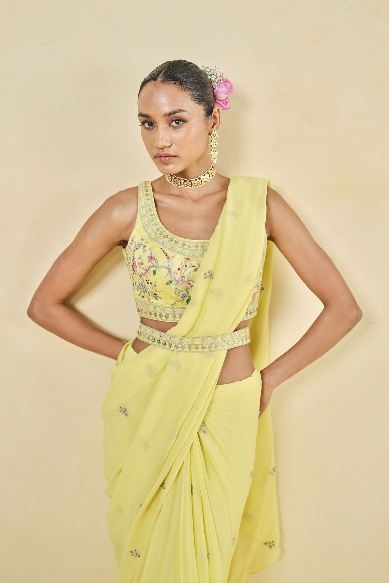 Summer Bloom Embroidered Georgette Pre-draped Saree - Yellow, Yellow, image 4