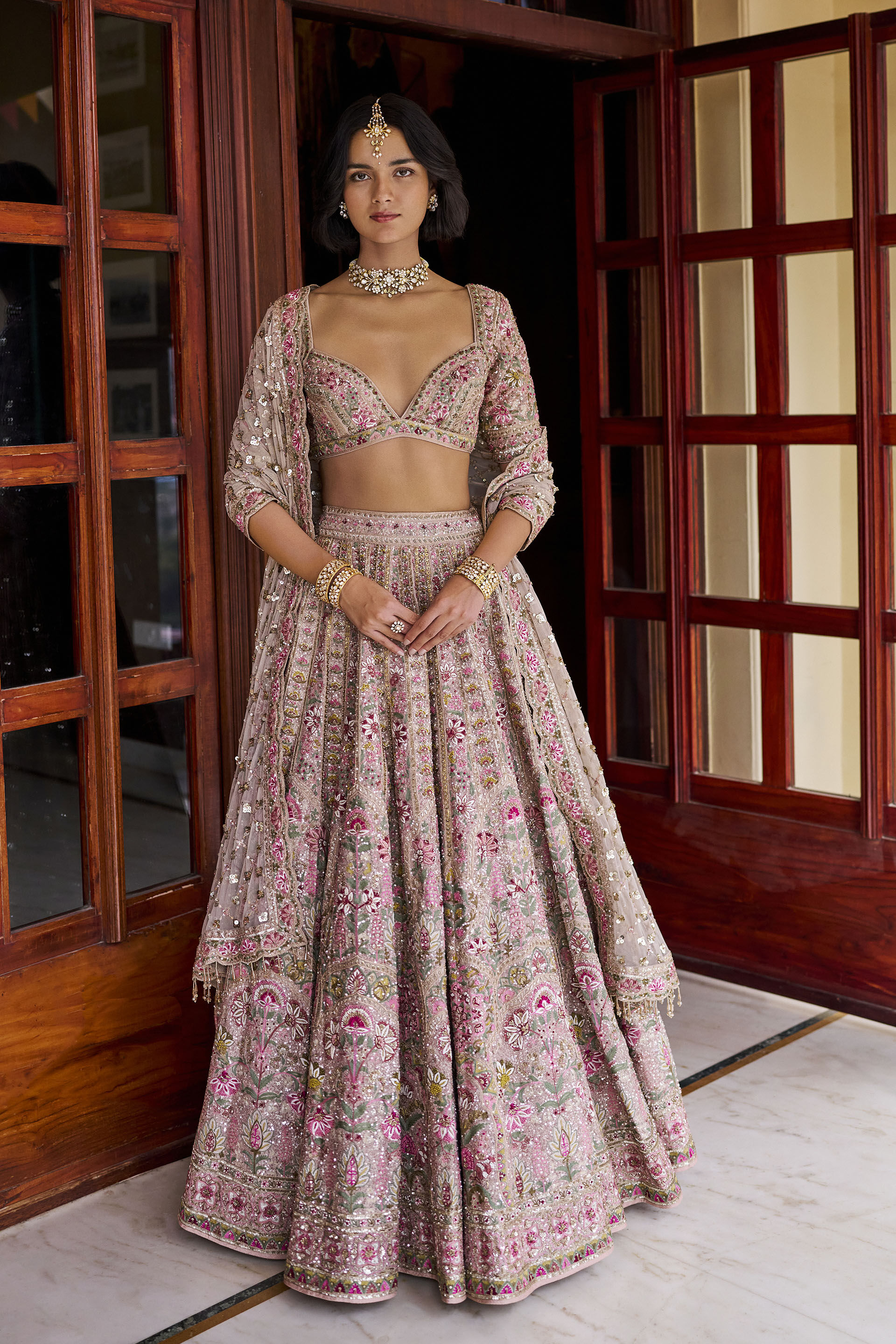 Joy Embroidered Zardozi Silk Lehenga Set - ​Champagne, Champagne, image 1