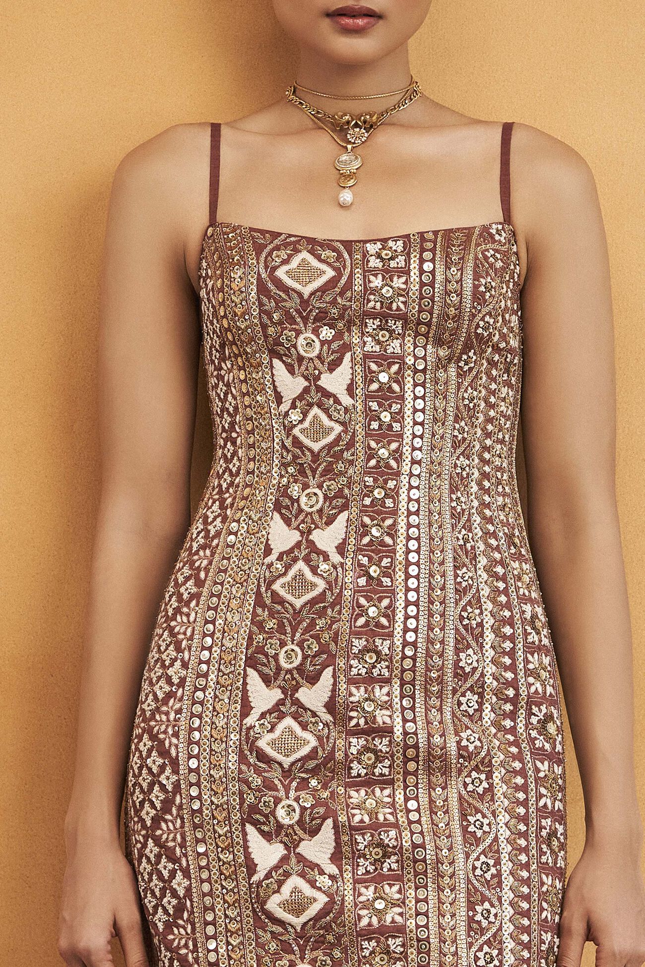 From The Wilderness Zardozi Embroidered Silk Dress - Brown, Brown, image 3