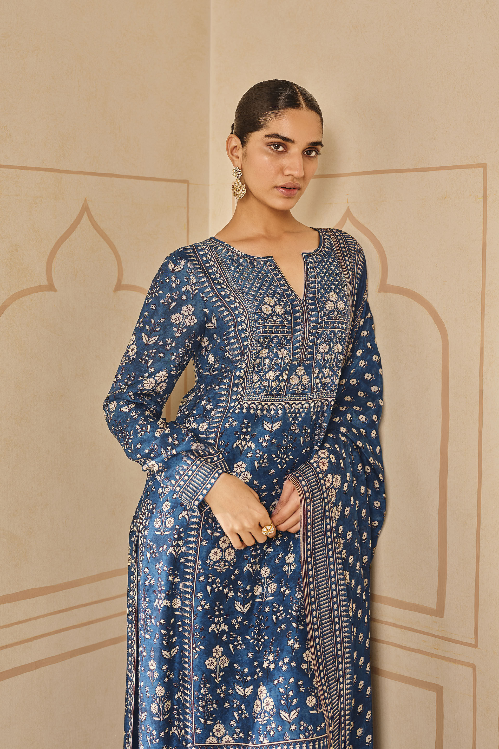 Niral Printed Silk Suit Set Blue
