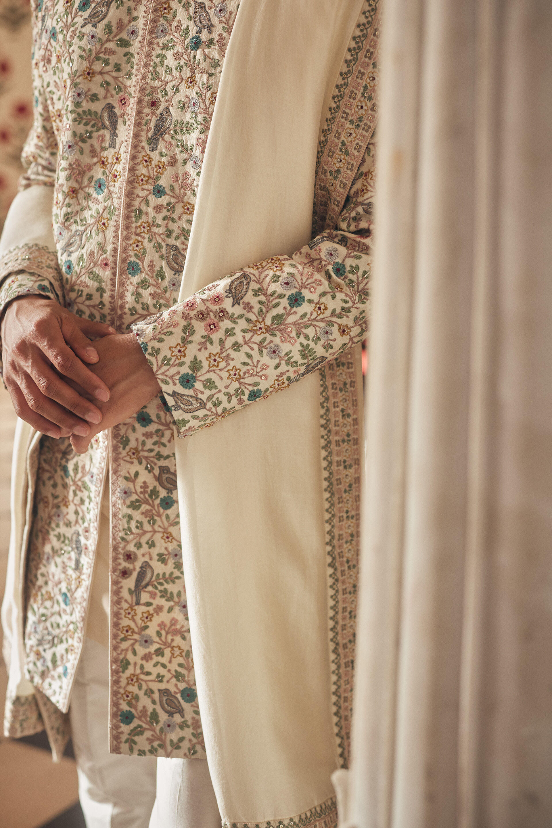 Avir Aari Embroidered Silk Sherwani - Cream, Cream, image 5
