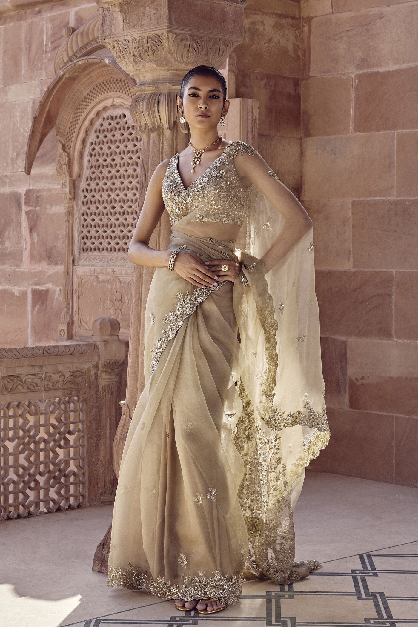 gold saree dress Ishama Handwoven Benarasi Silk Saree