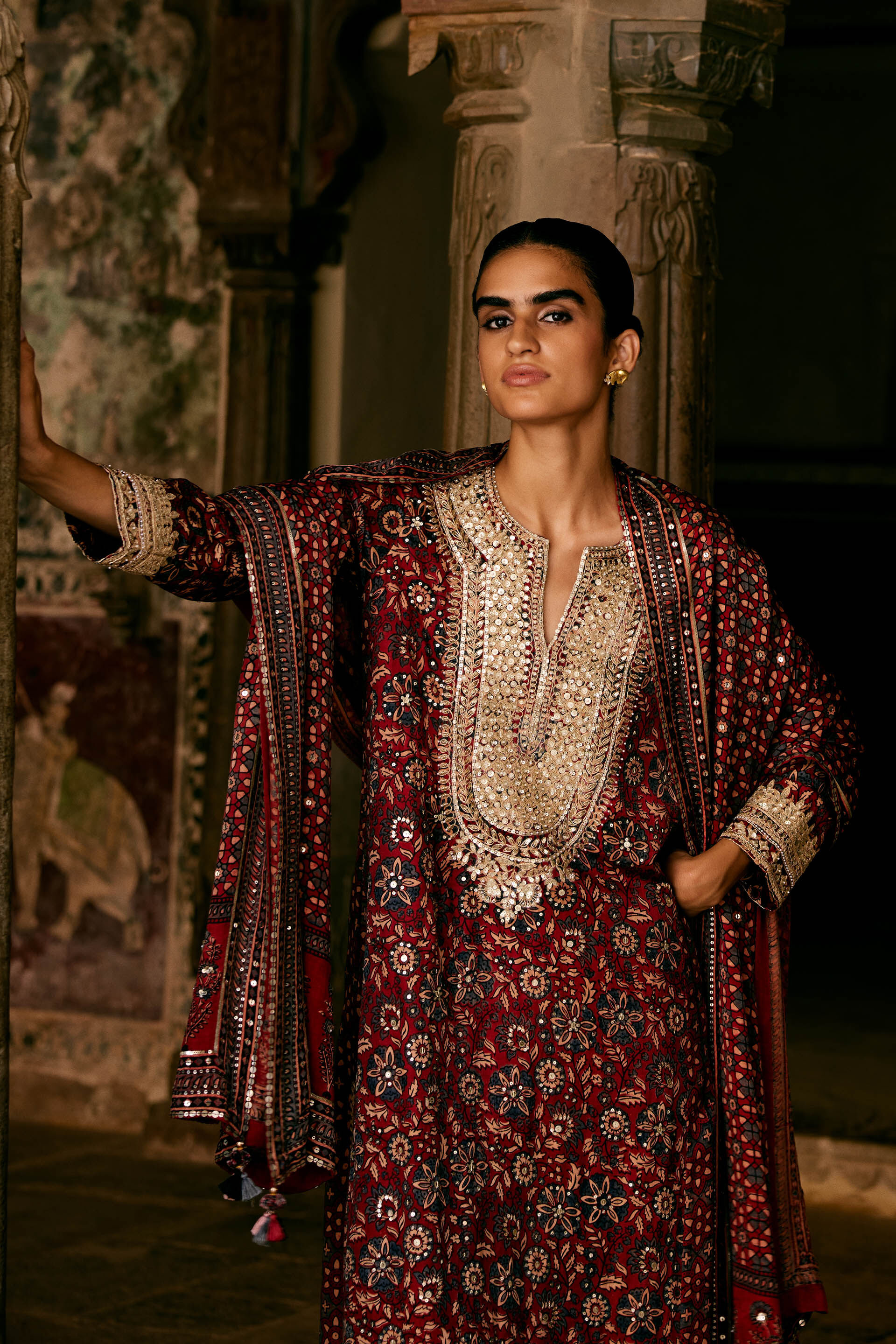 Kasano Ajrakh Hand-block Printed Silk Suit Set - Red
