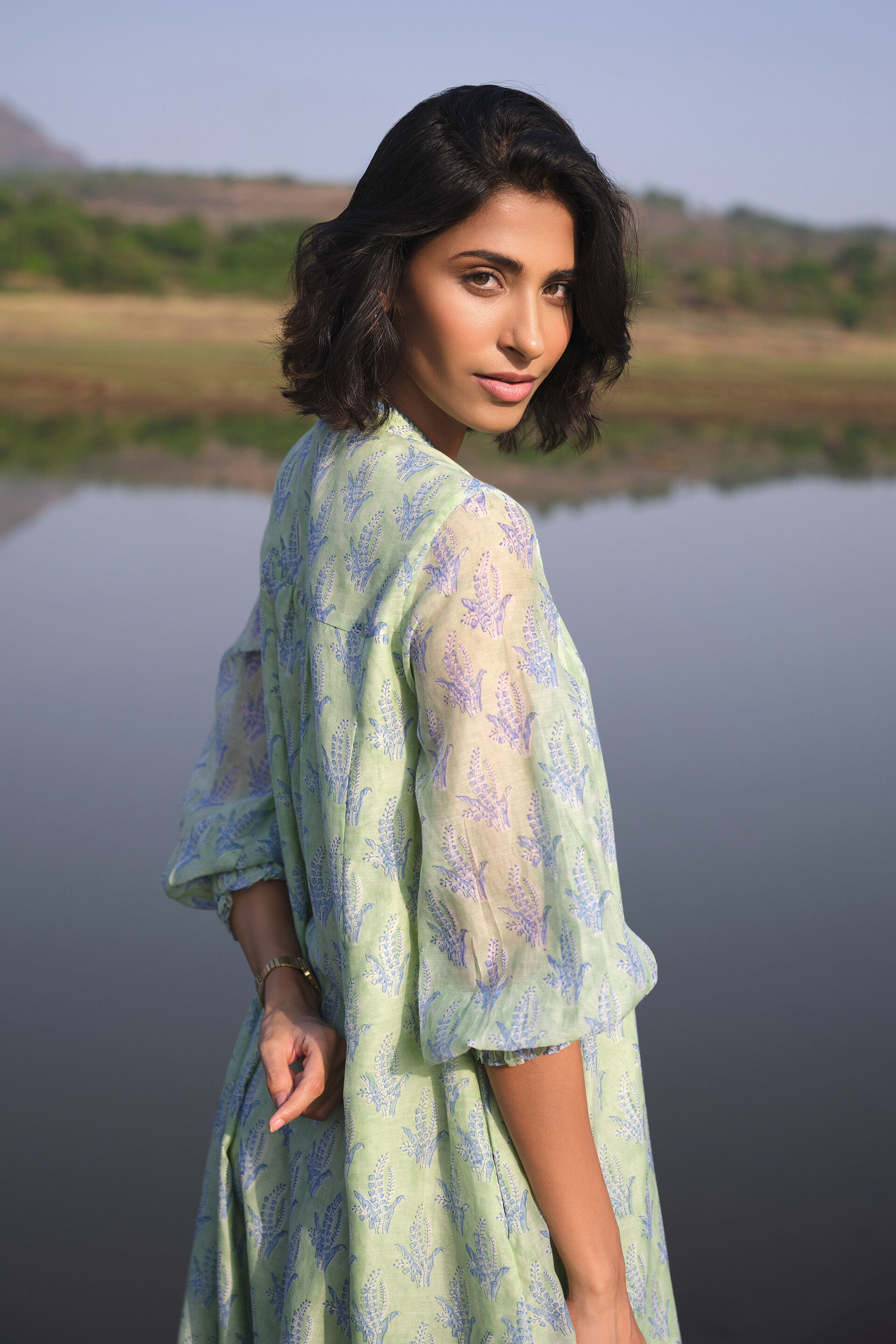 Treeline Hand-block Printed Mul Dress - Sage, Sage, image 6