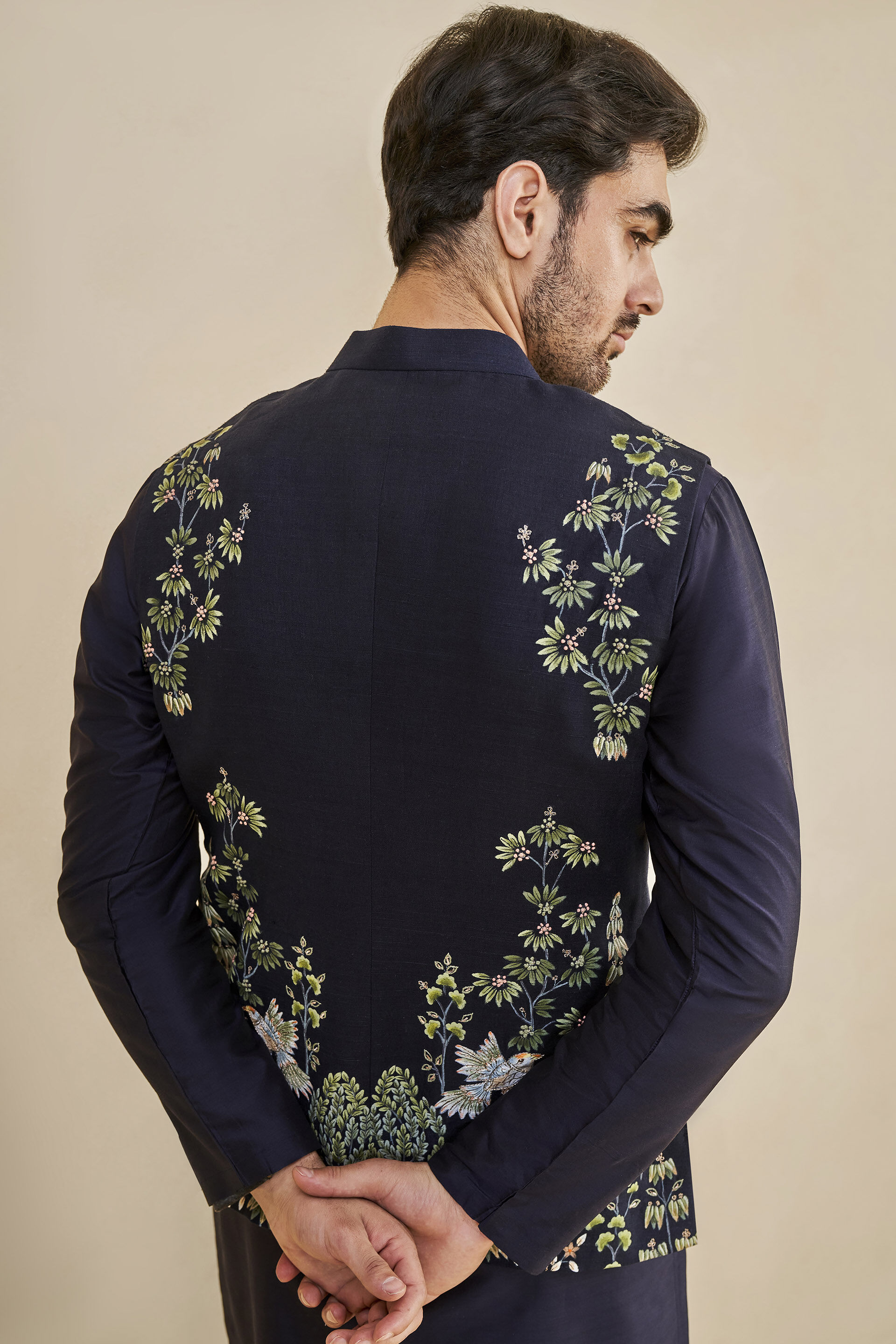 Nikunj Hand-painted Pichhwai Silk Nehru Jacket - Navy, Navy, image 5