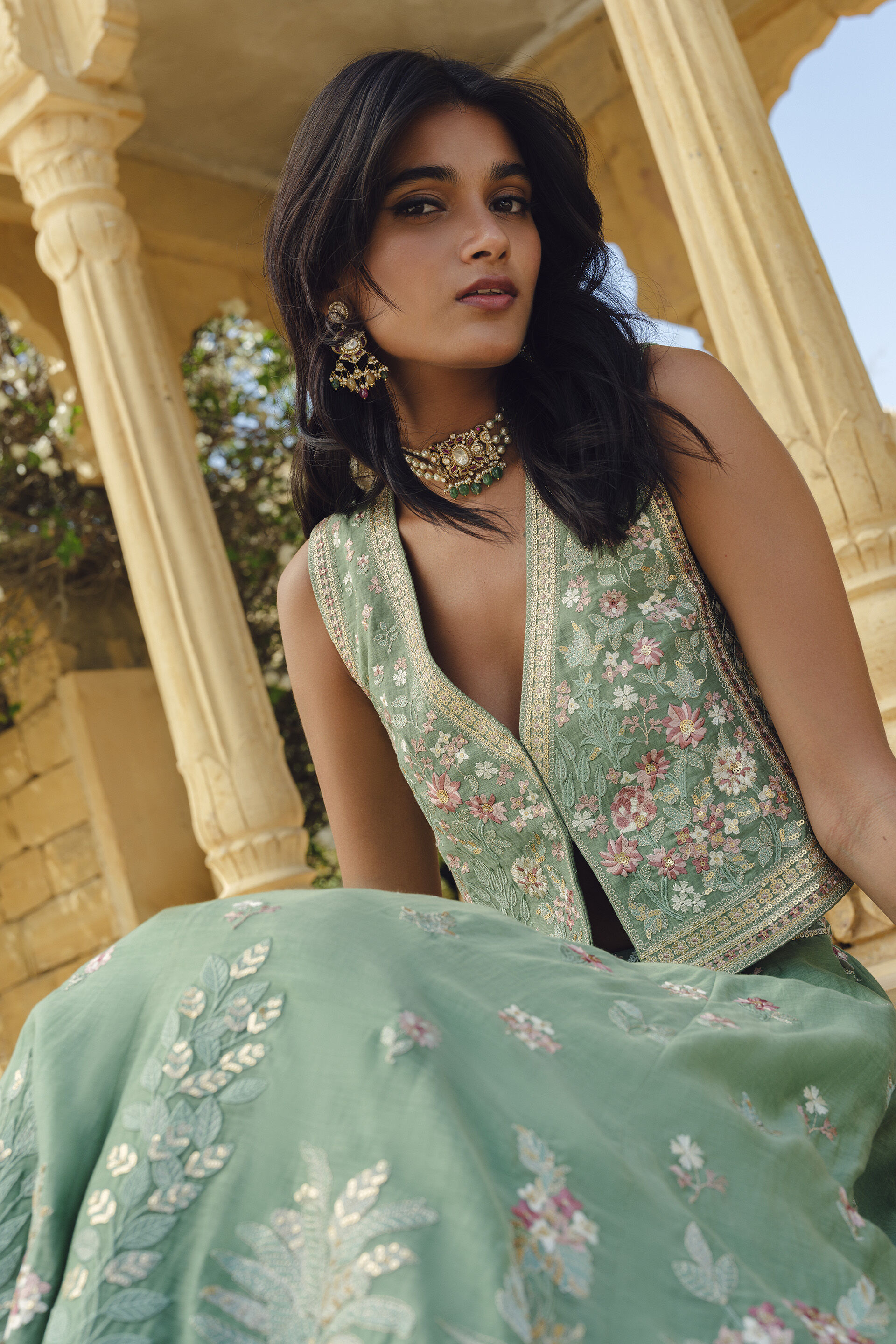 Avayah Embroidered Mul Skirt Set - Sage, Sage, image 4