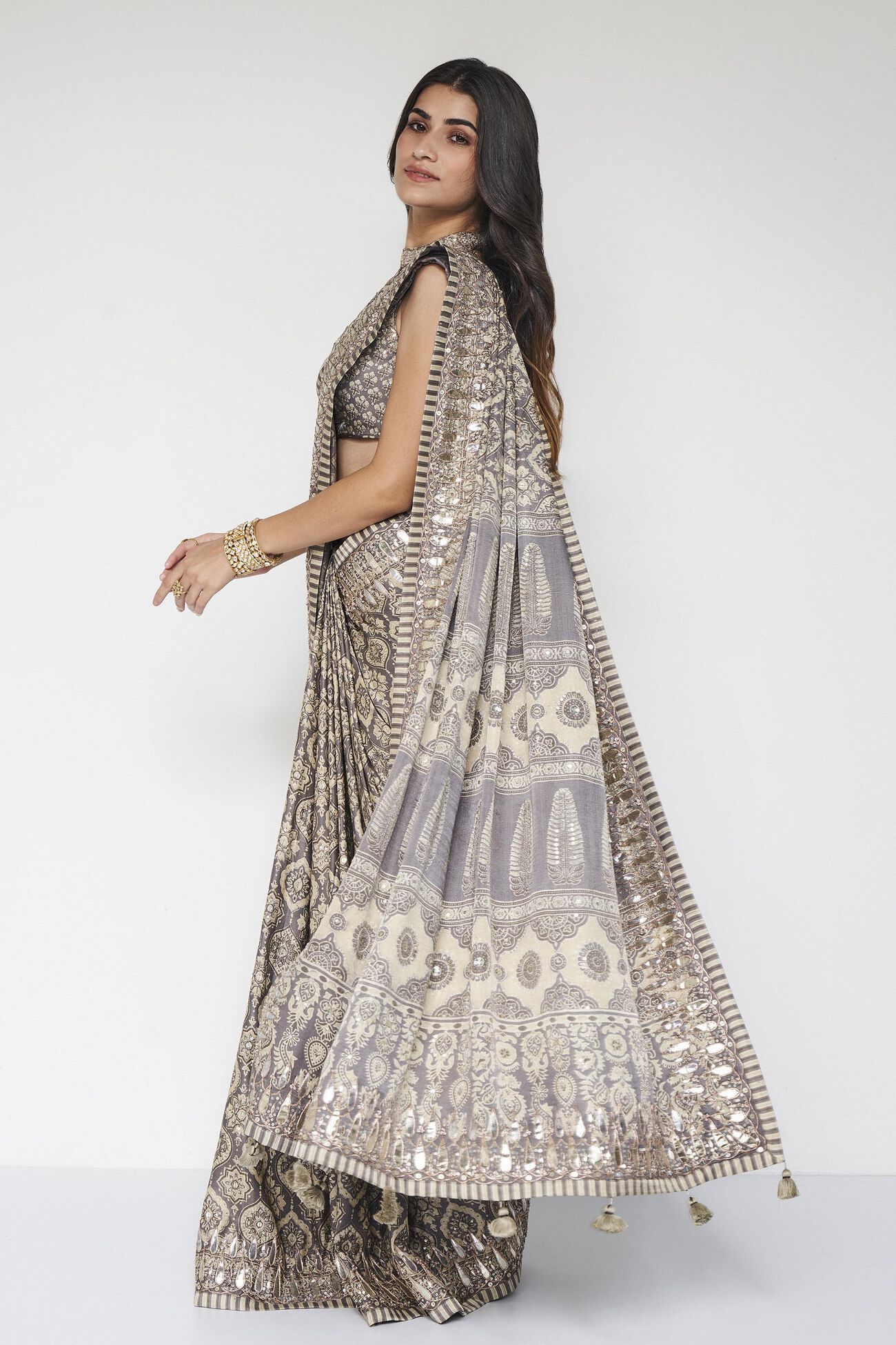 Shravani Ajrakh Hand-block Printed Silk Saree - Grey, Grey, image 2