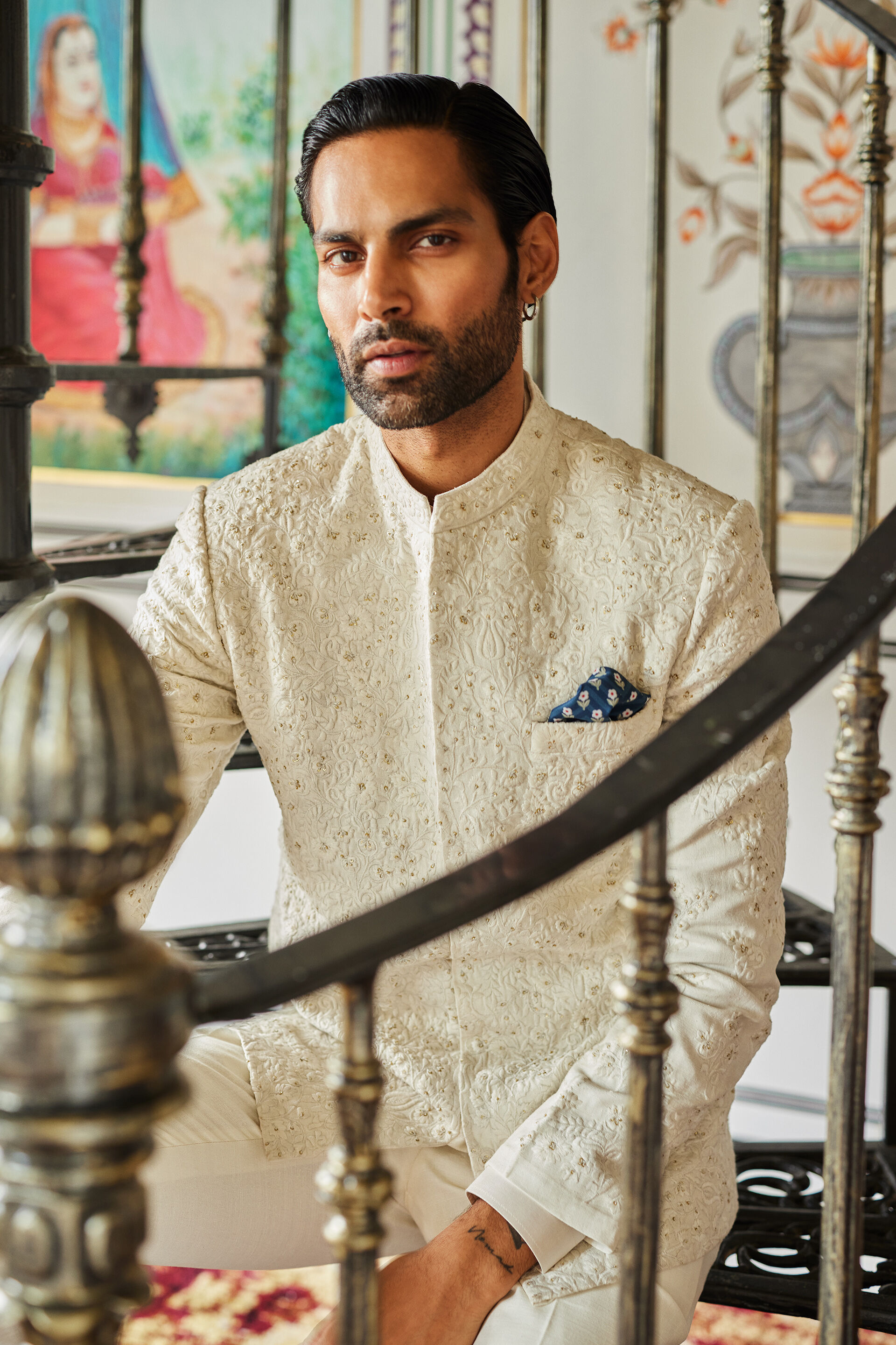 Dhven Embroidered Silk Bandhgala - Off White, Off White, image 4