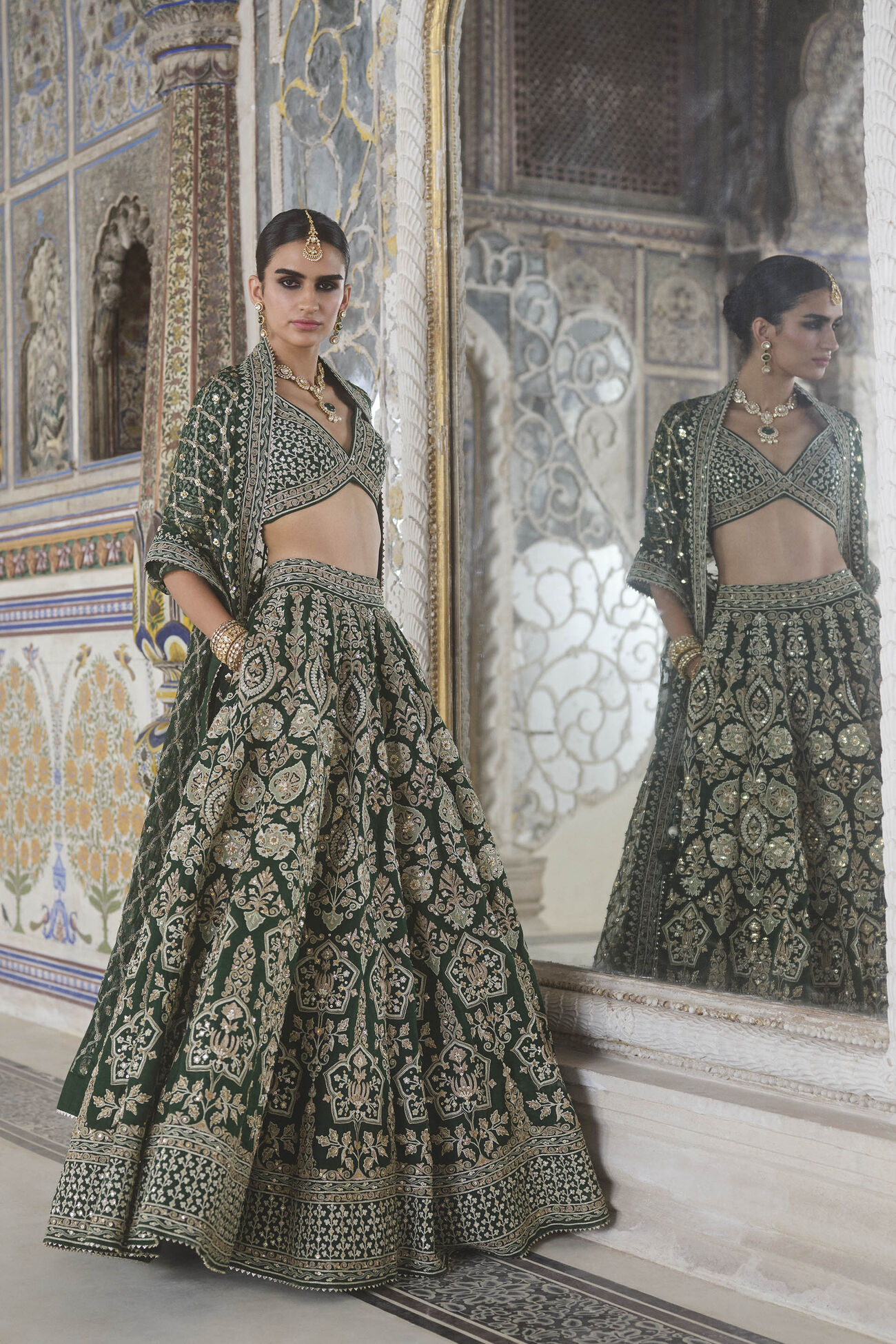 Sylvan Embroidered Zardozi Silk Lehenga Set - Green, Green, image 3