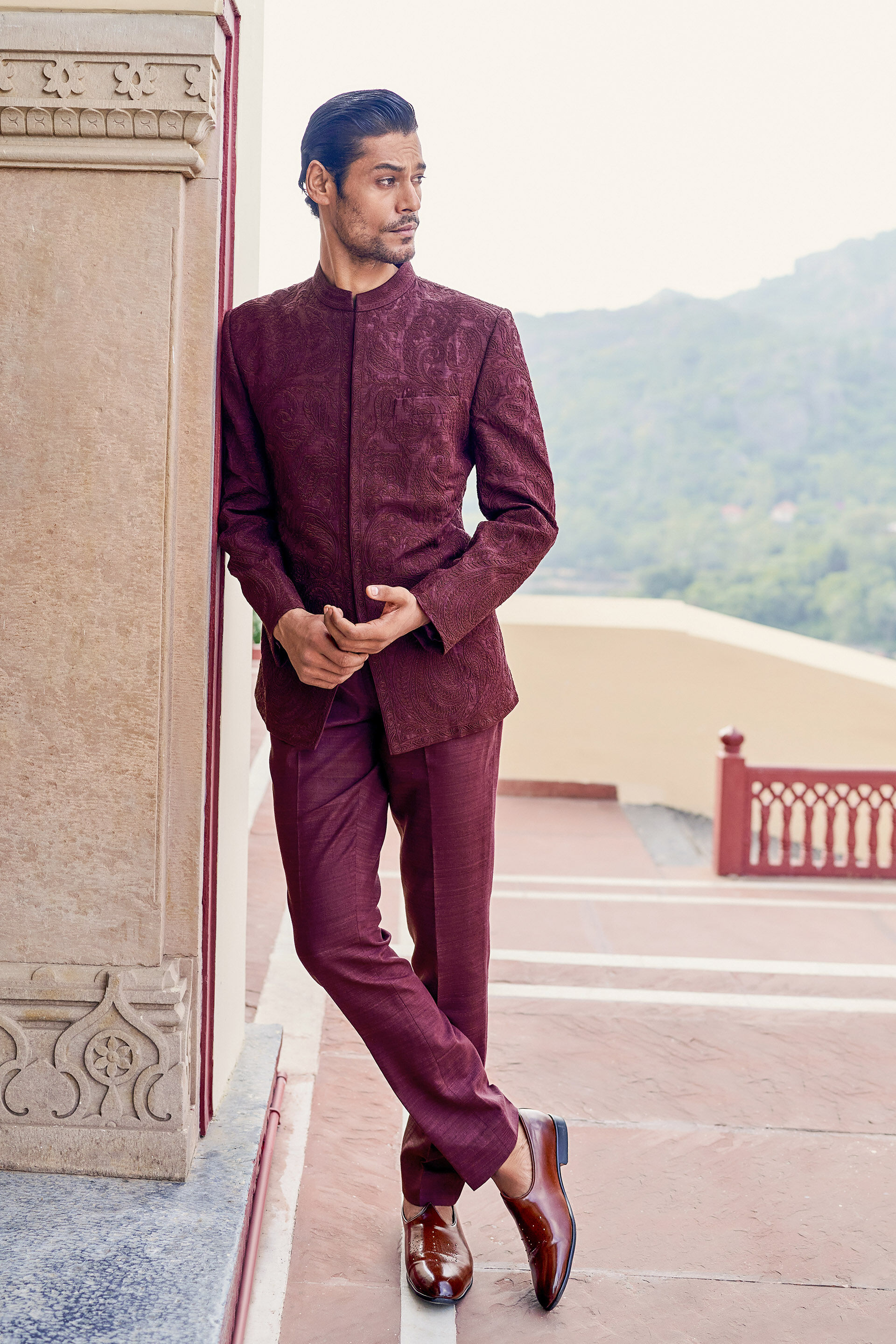 Heartfelt Embroidered Cord Silk Bandhgala - Wine