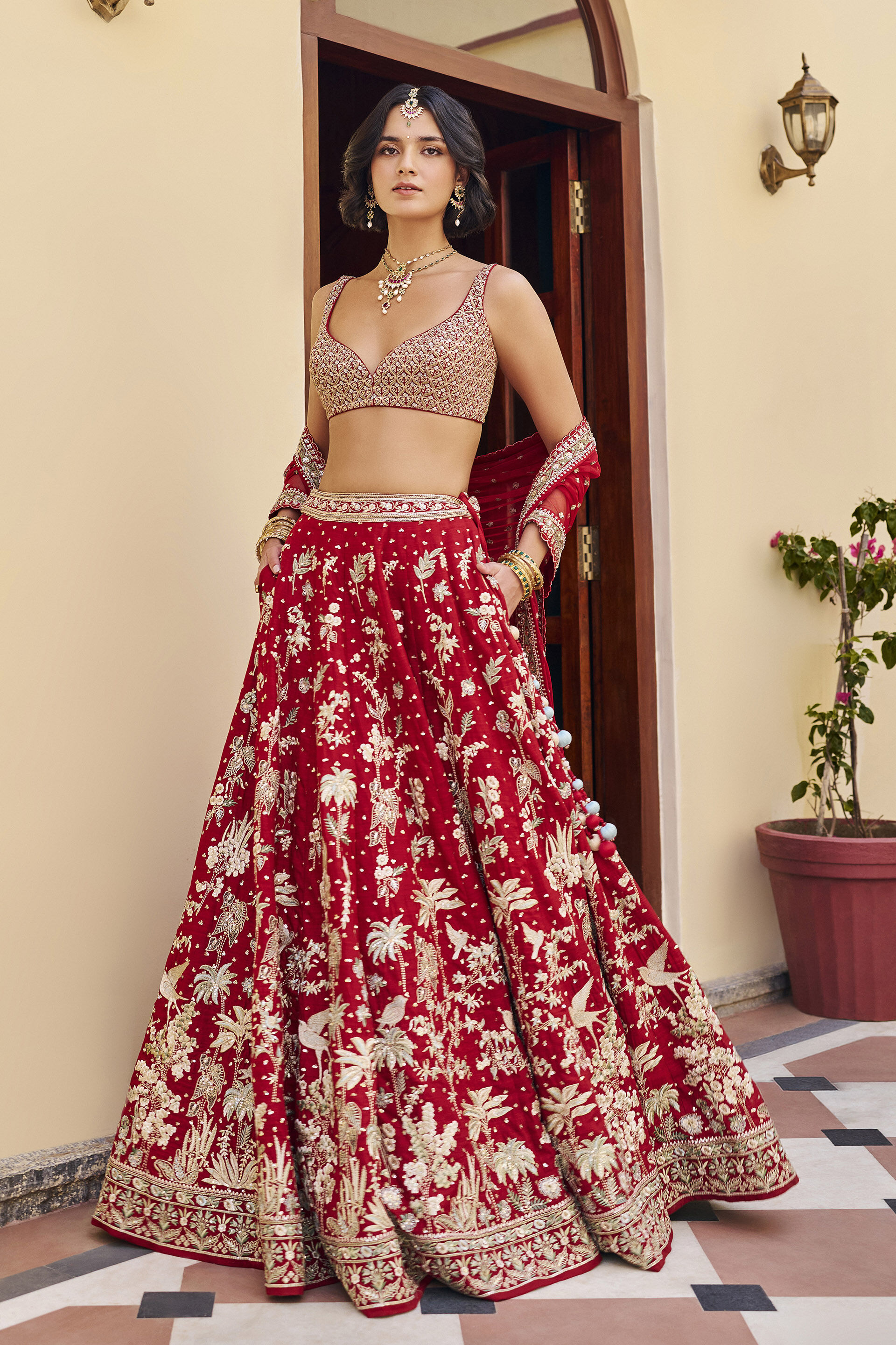 Forever Embroidered Zardozi Silk Lehenga Set - ​Red