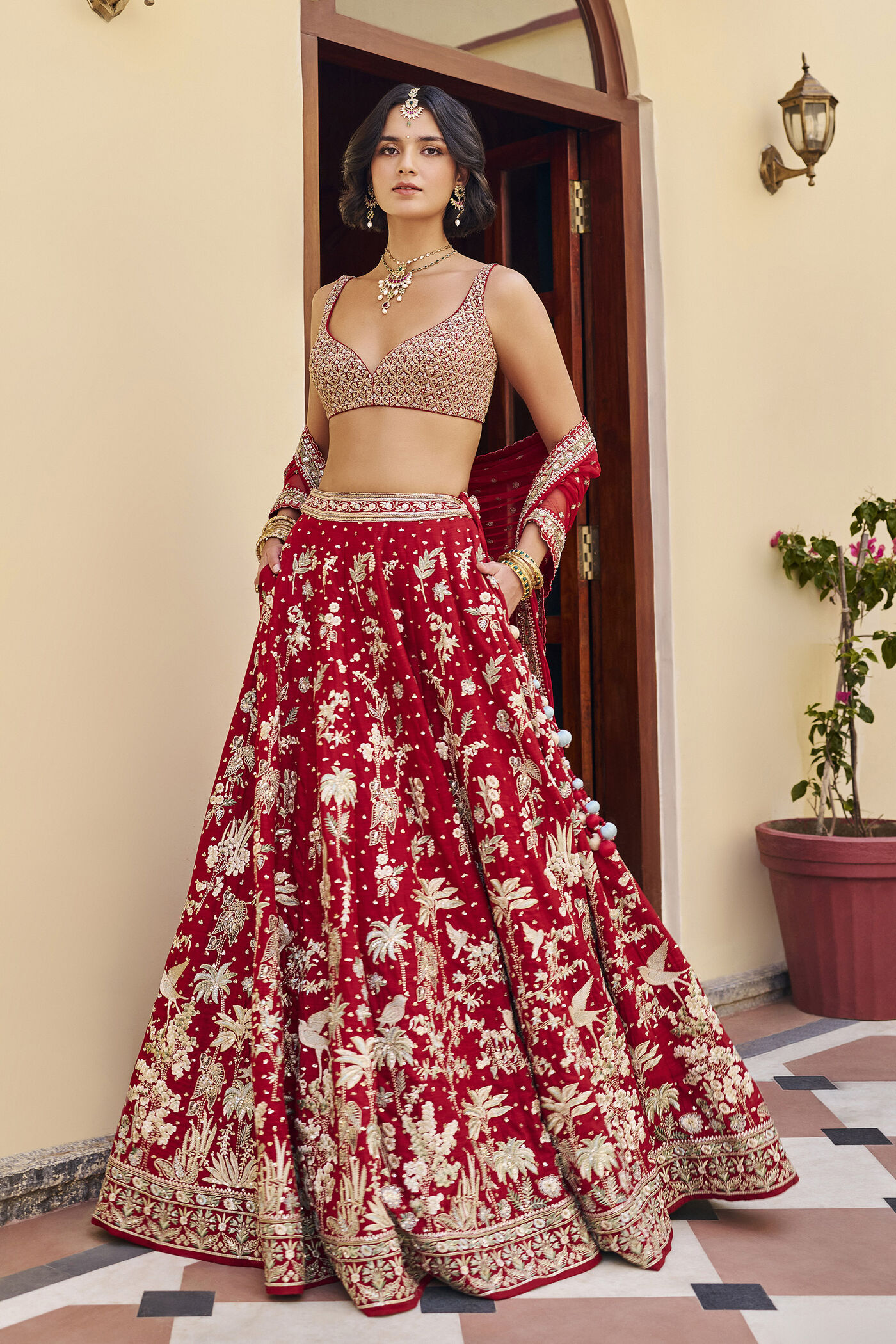 Forever Embroidered Zardozi Silk Lehenga Set - Red