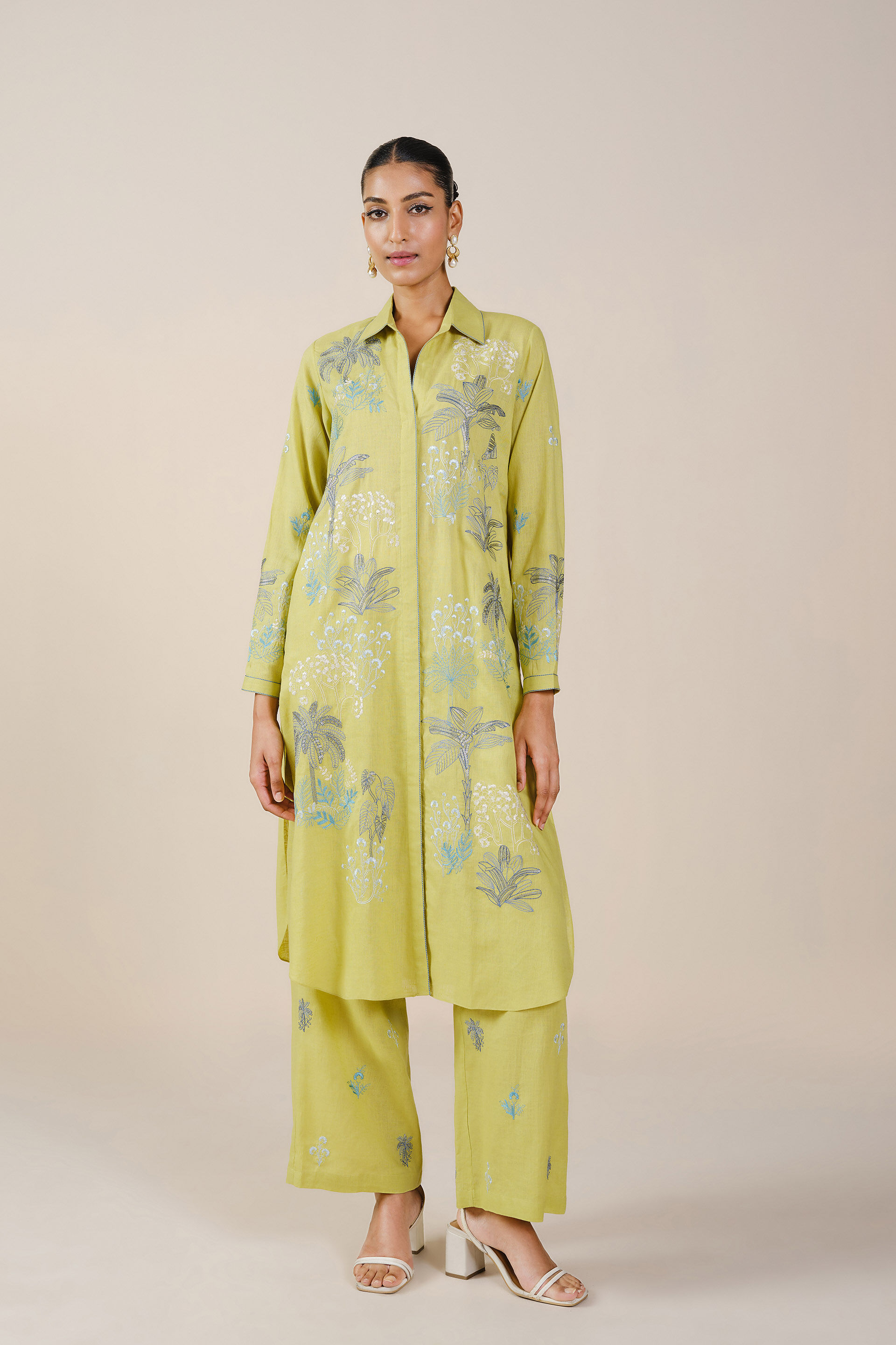 Buy Designer Pelagia Embroidered Linen Kurta Set Lime Online from Anita Dongre