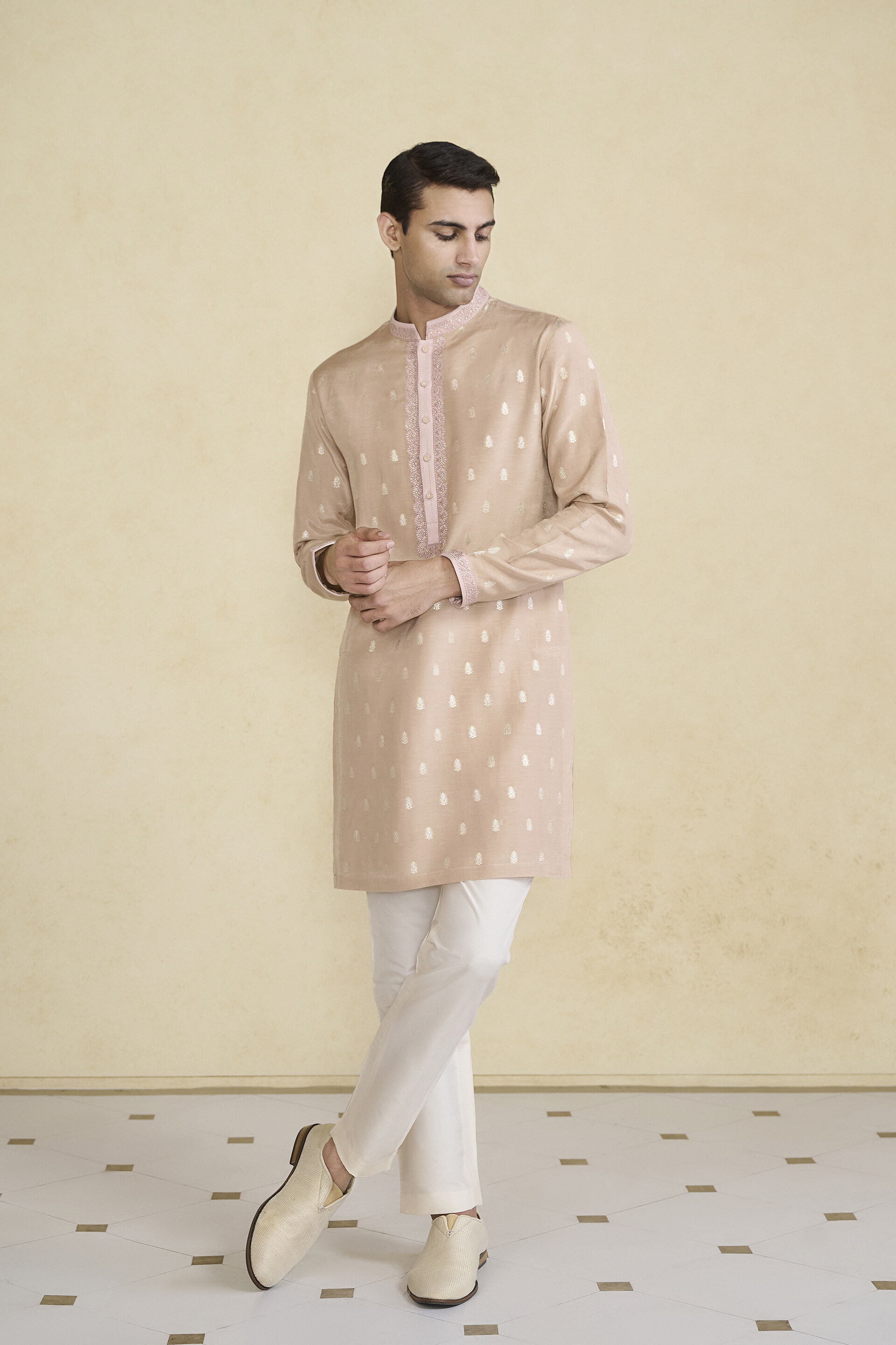Vinil Handwoven Benarasi Silk Kurta - Pink, Pink, image 1