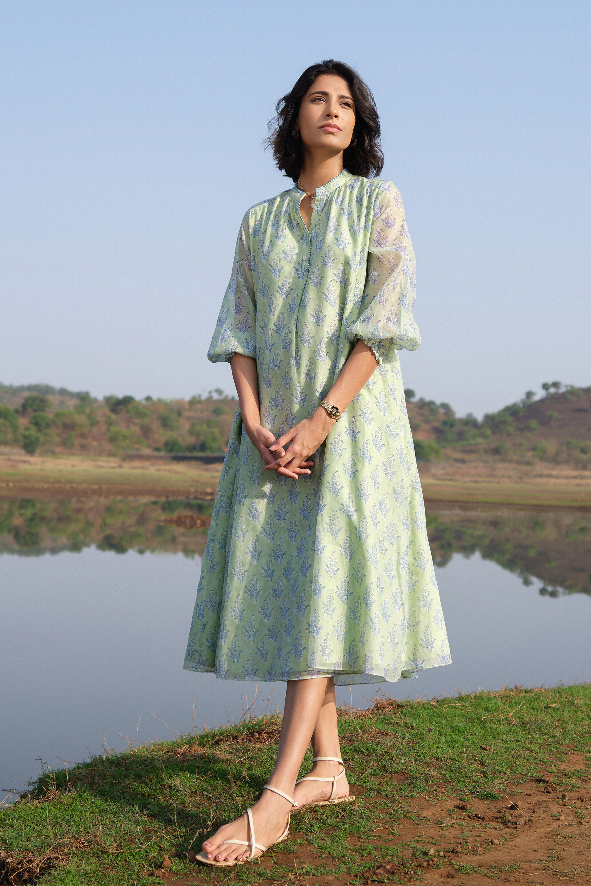 Treeline Hand-block Printed Mul Dress - Sage, Sage, image 3