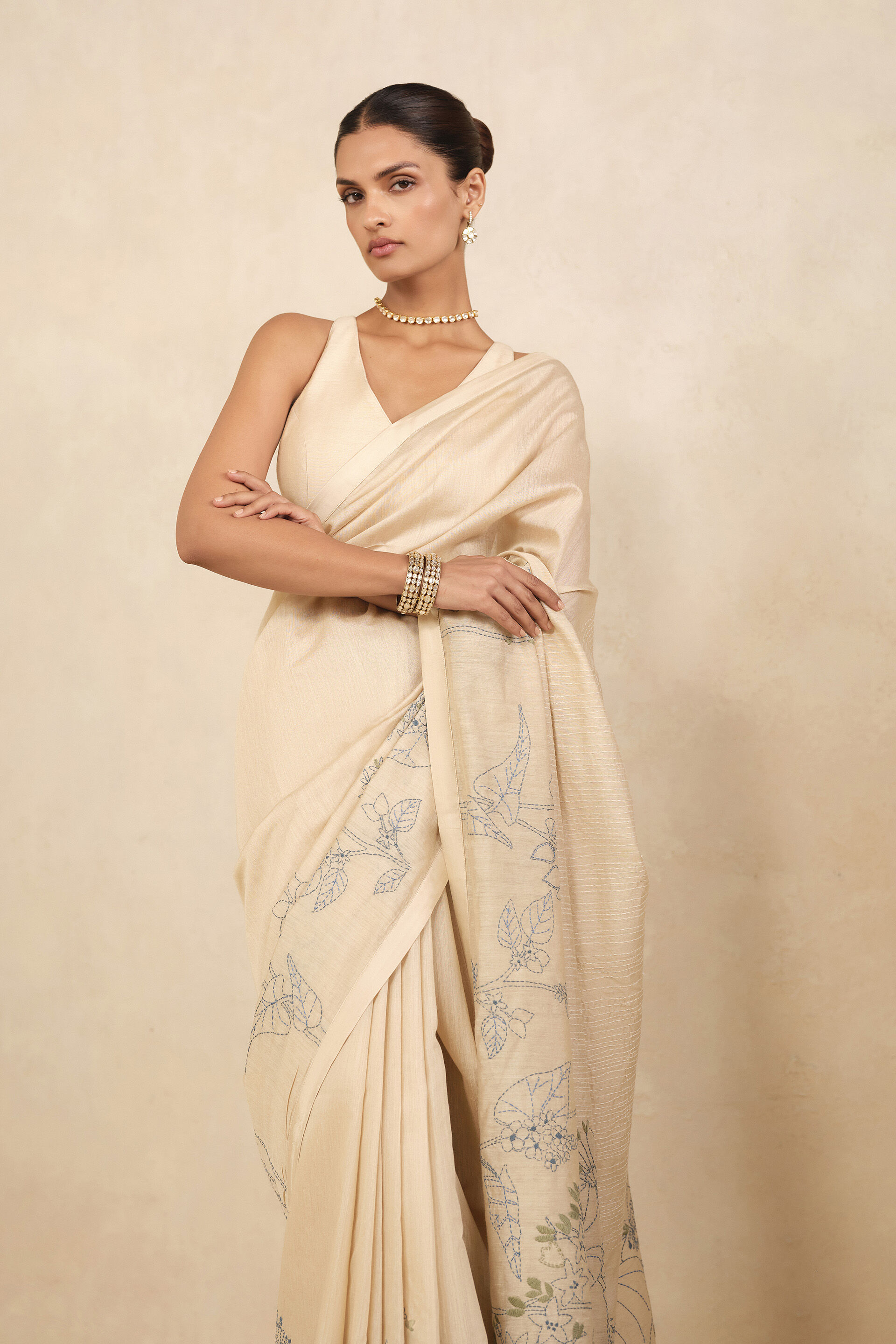 Haiku Hand-embroidered Kantha Silk Saree - Beige, Beige, image 4