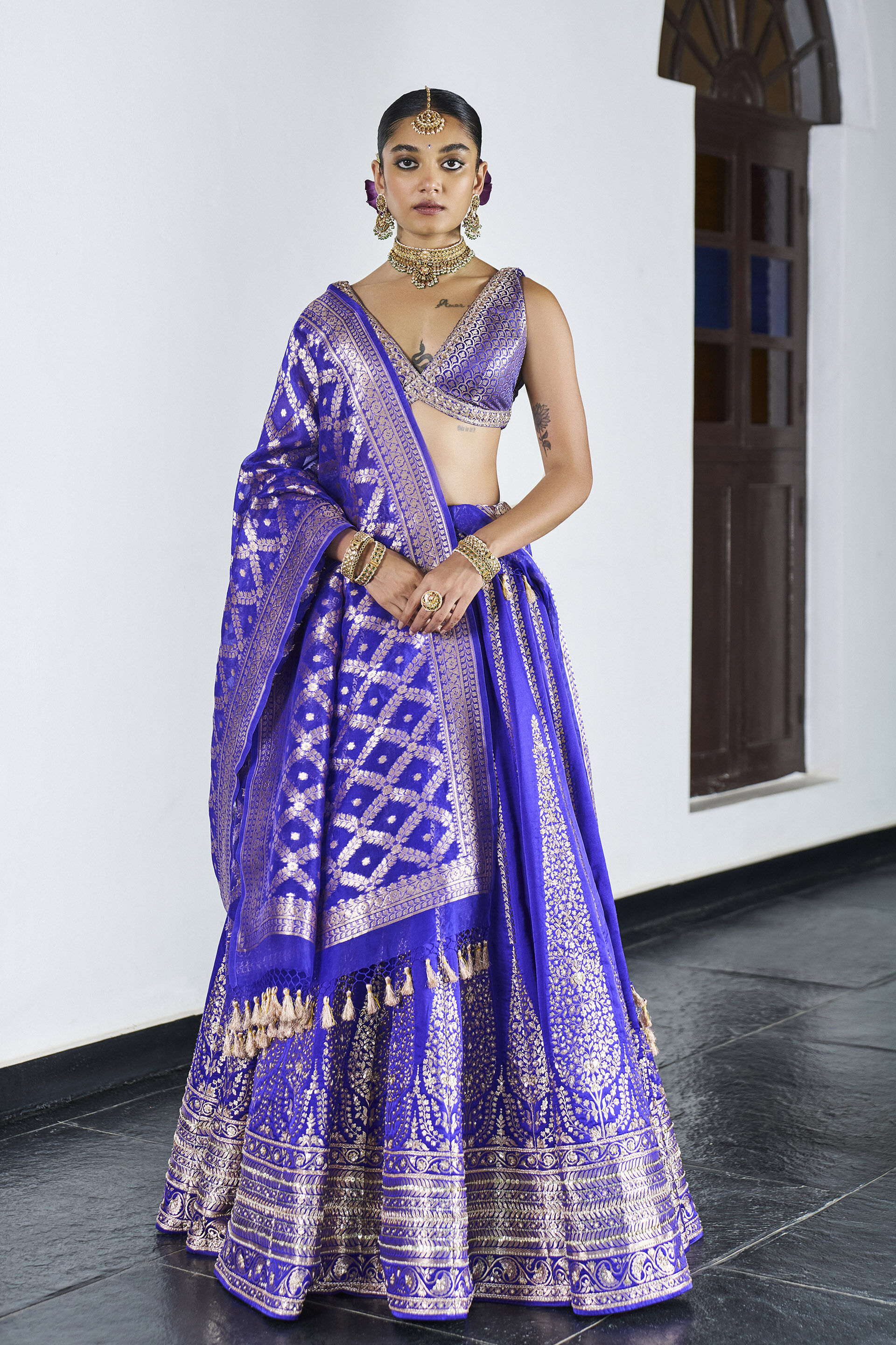 Milni Handwoven Benarasi Silk Lehenga Set - Purple