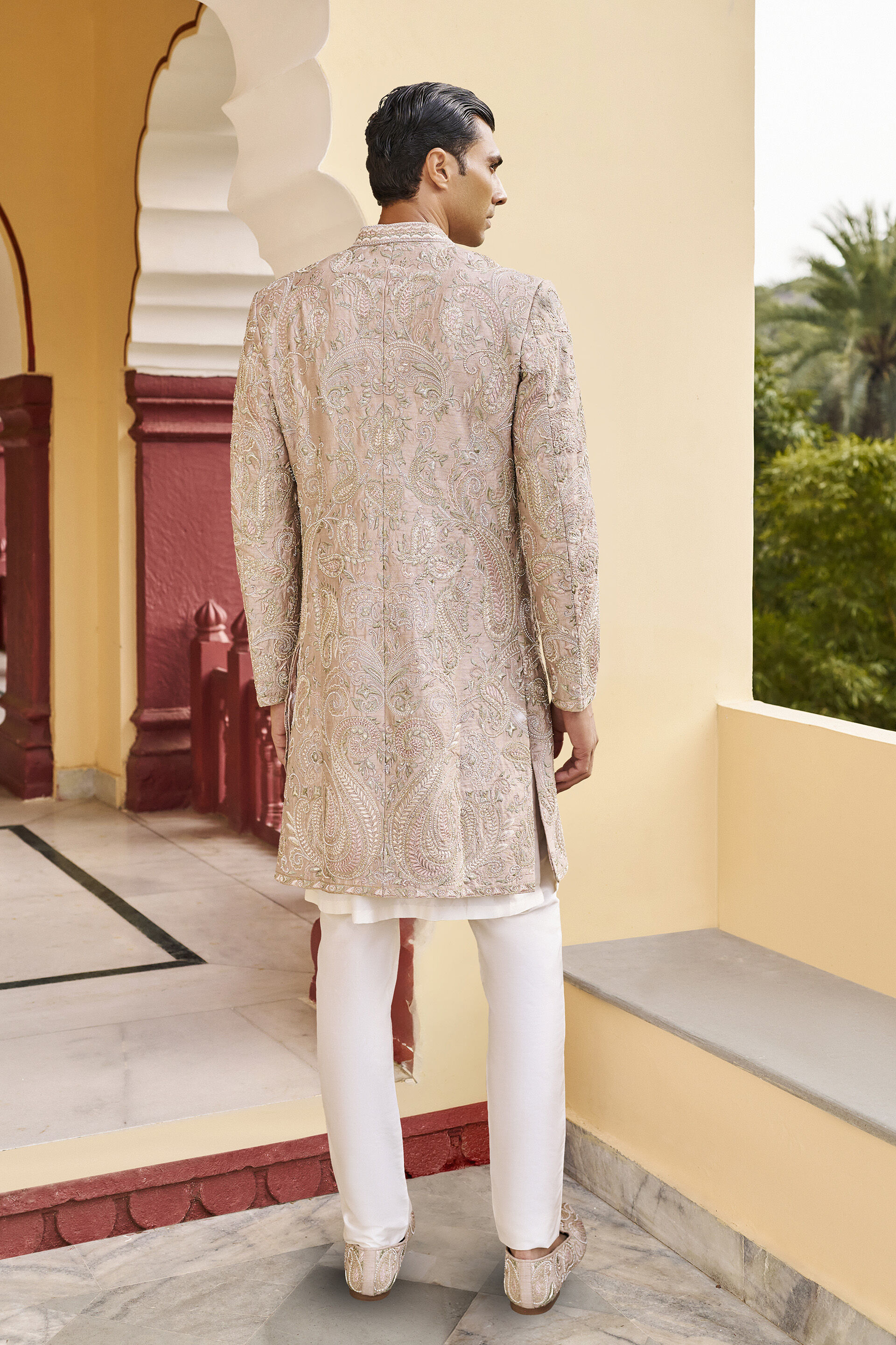 Calmness Embroidered Zardozi Silk Sherwani - Hazelnut