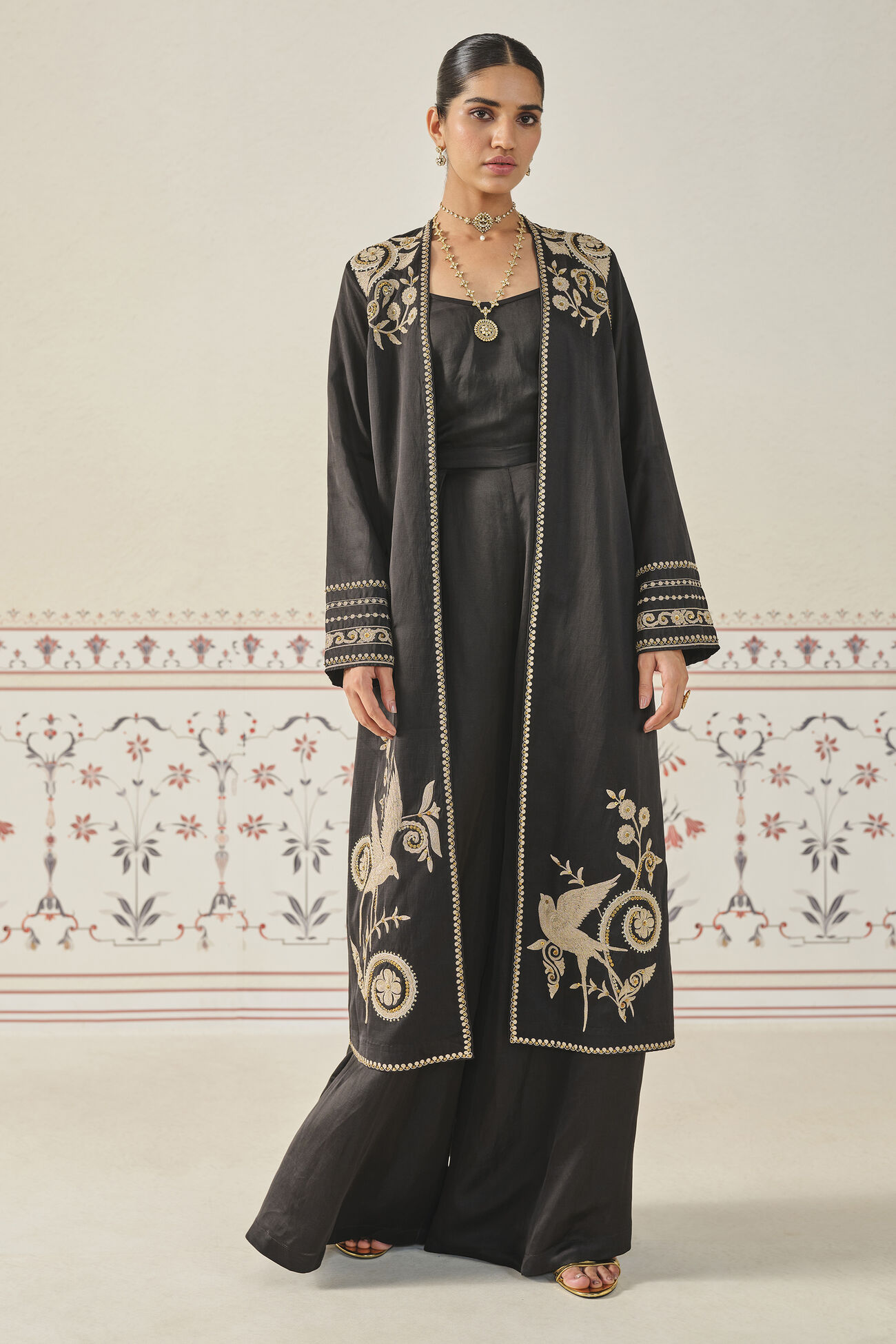 Saanjh Embroidered Cord Long Jacket Set - Black, Black, image 1