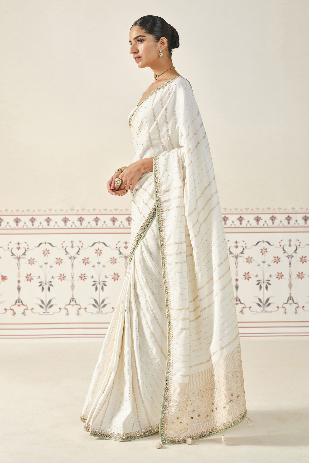 Siamak Handwoven Benarasi Silk Saree - Ivory, Ivory, image 3