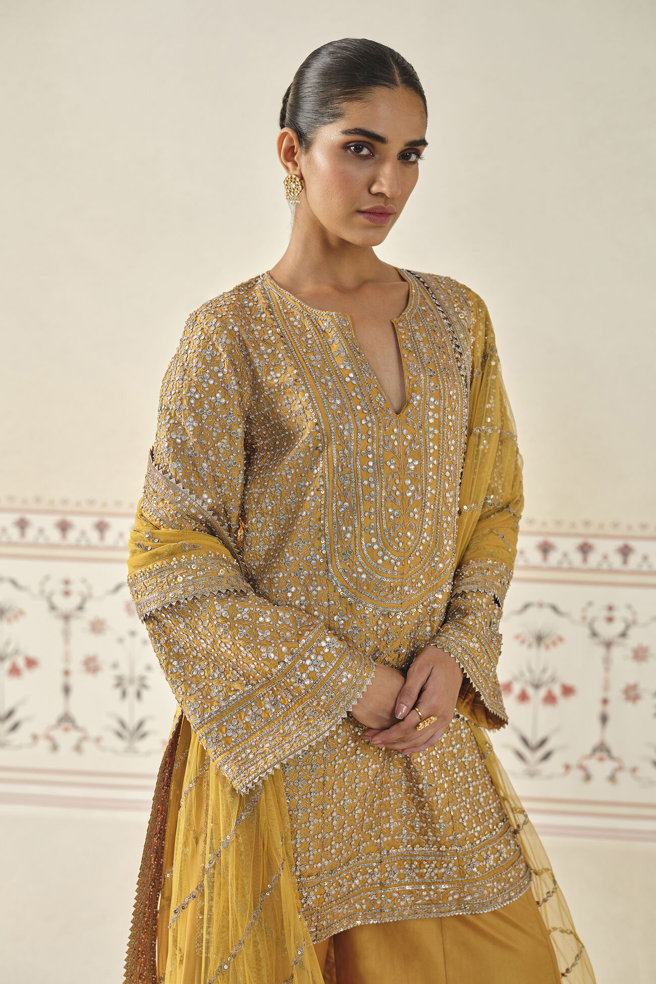 Sidra Gota Patti Silk Sharara Set - Mustard, Mustard, image 4