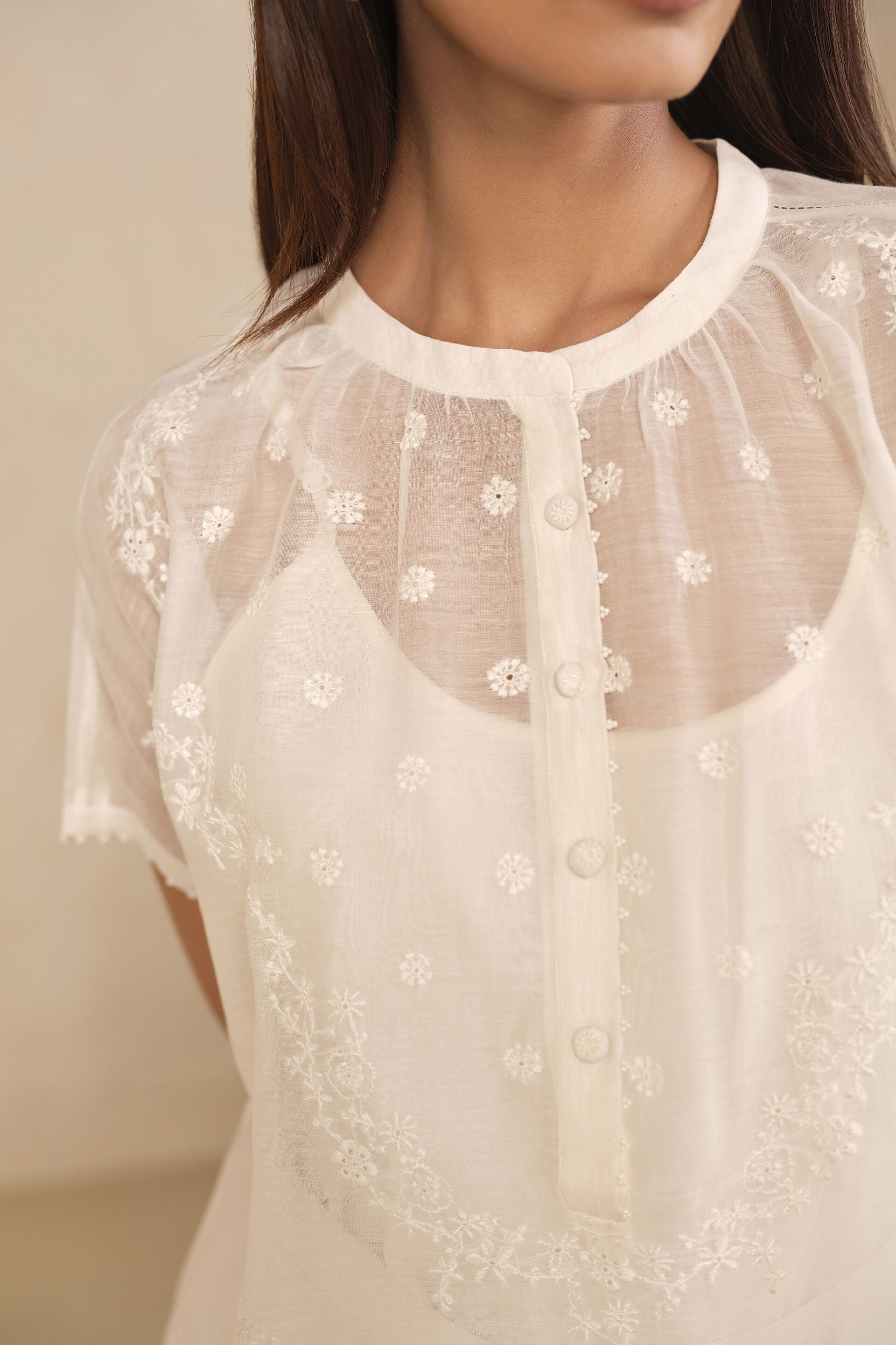 Haiku Hand-embroidered Chikankari Mul Kurta Set - Ivory, Ivory, image 5