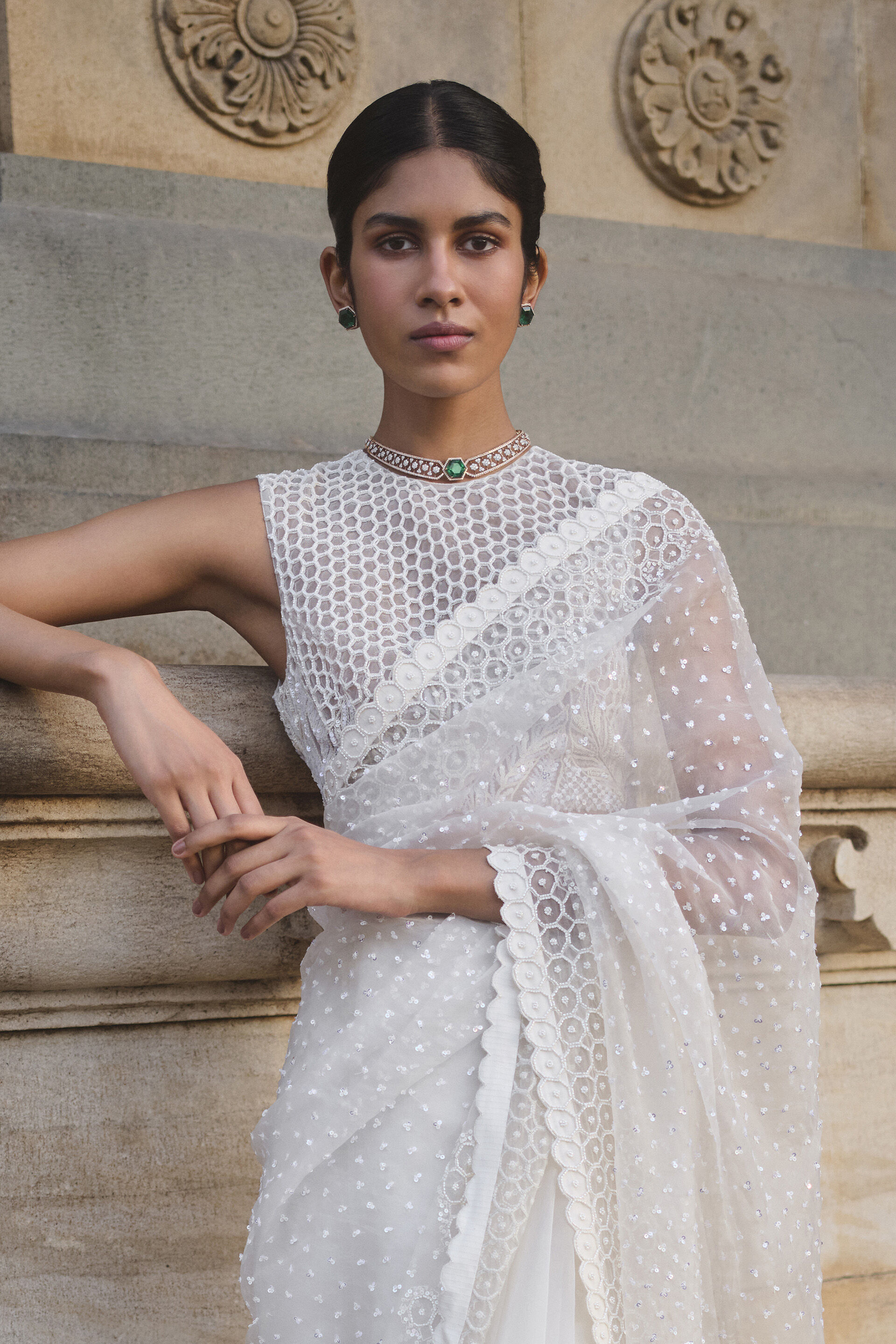 Nomeda Embroidered Silk Saree - Ivory, Ivory, image 5
