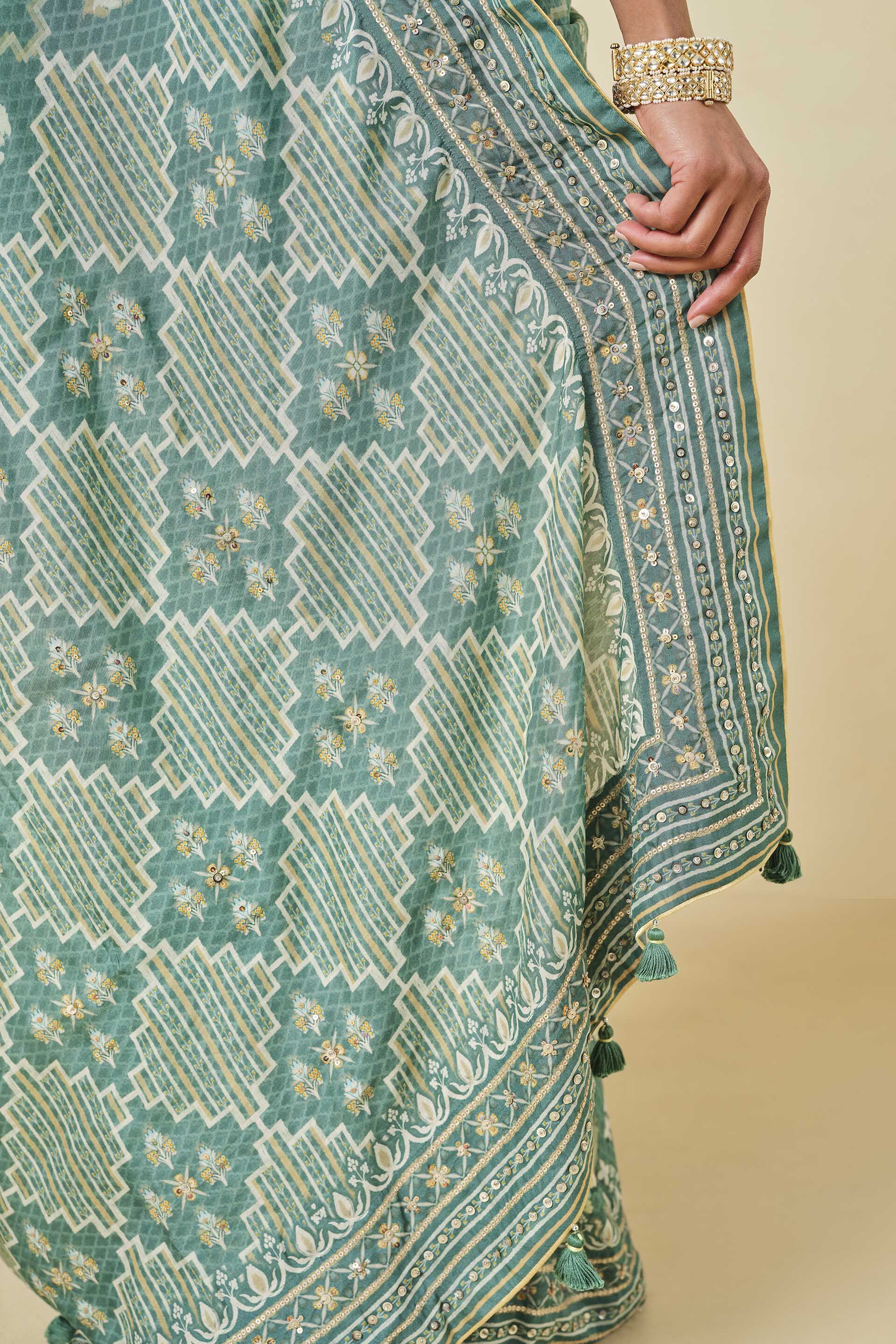 Avonmora Printed Saree - Sage, Sage, image 6