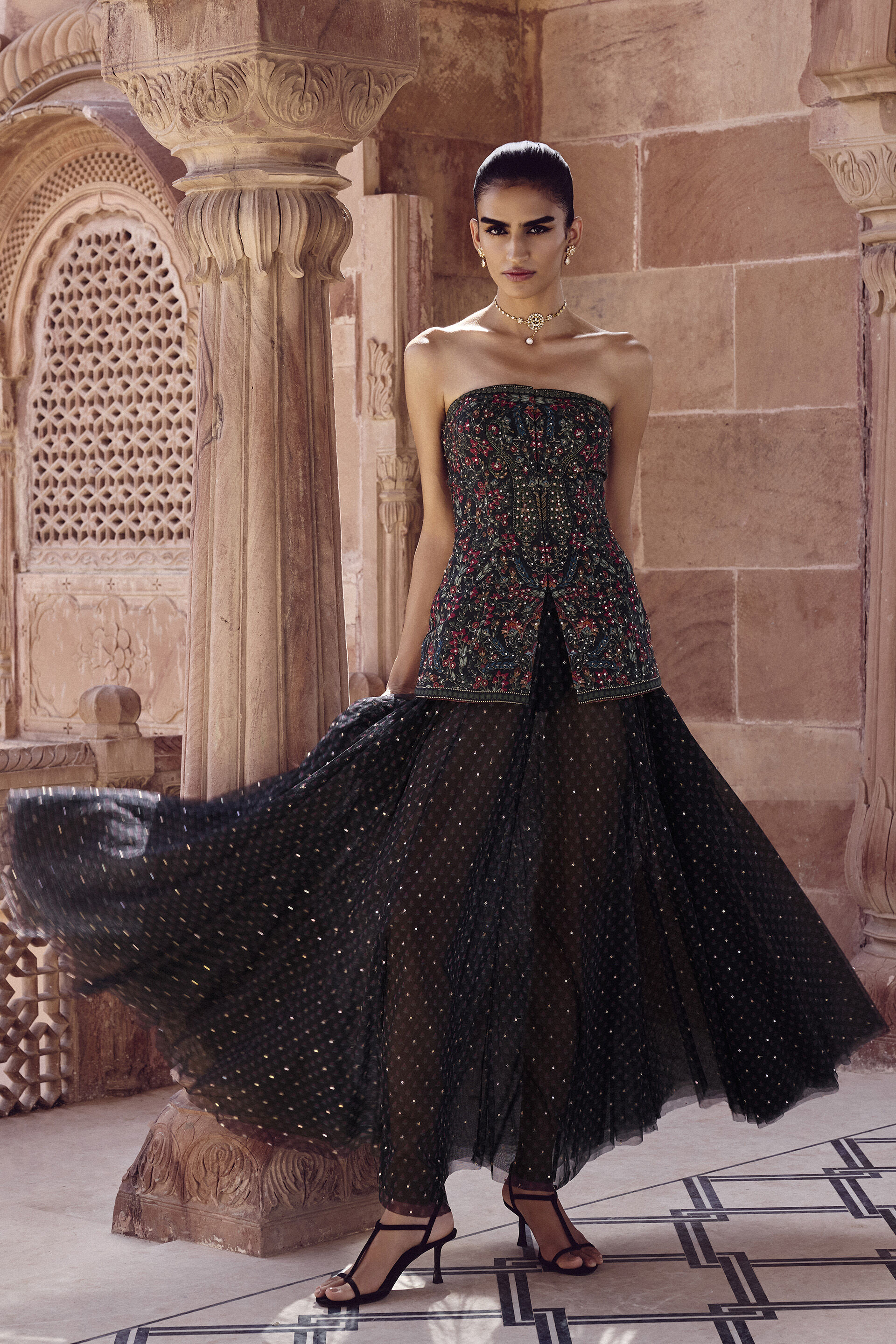 Nameera Embroidered Silk Skirt Set - Black, Black, image 3