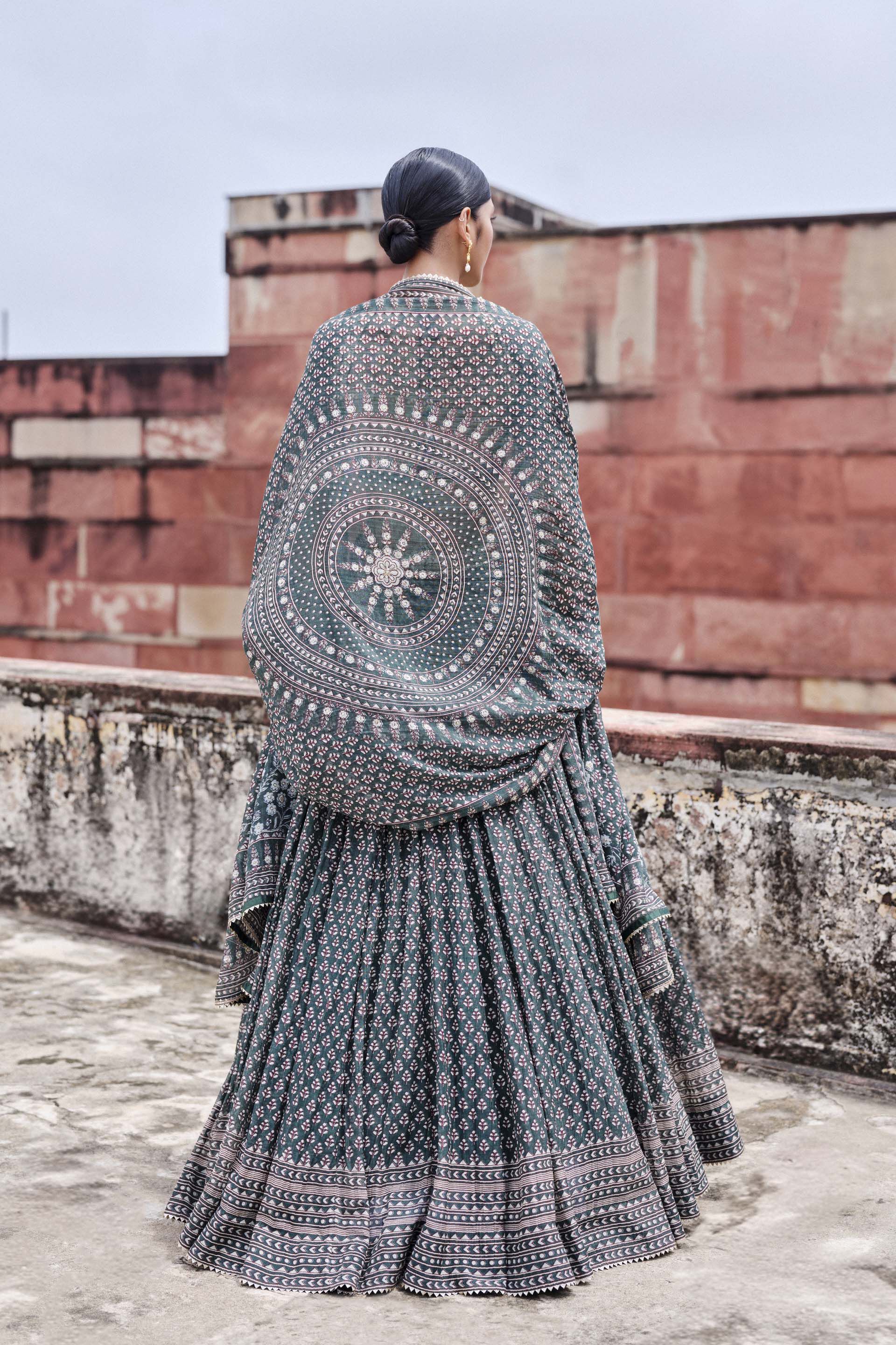 Arvia Printed Mul Lehenga Set - Green