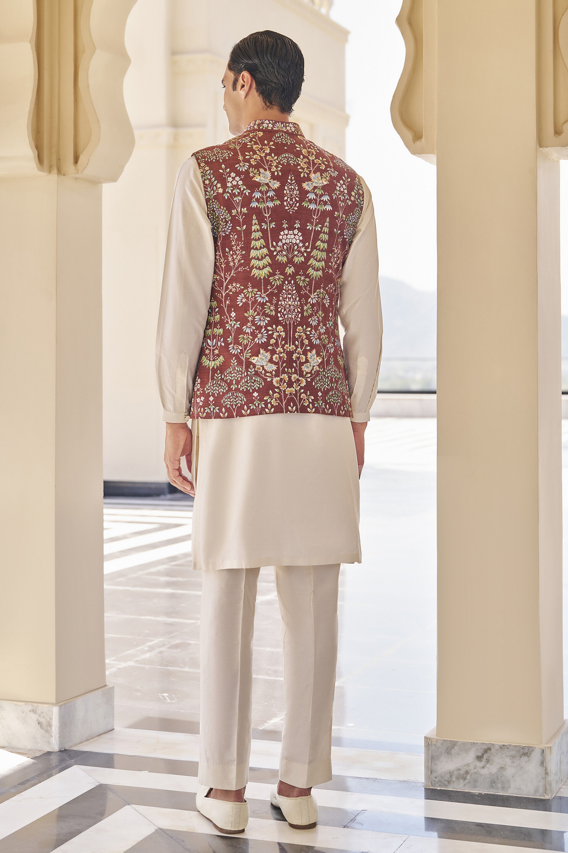 Ranav Brown Pichhwai Nehru Jacket