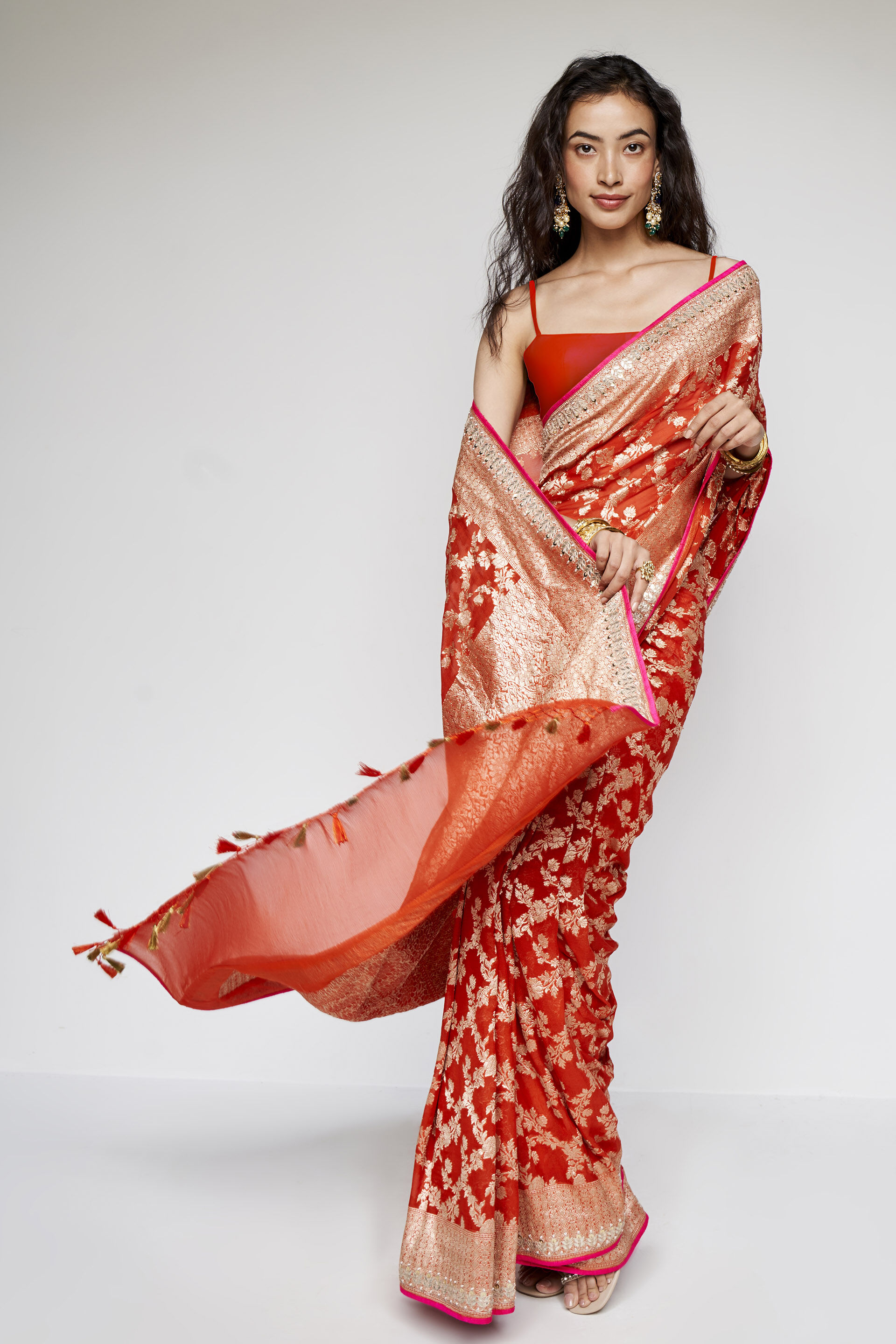 Nazaha Benarasi Silk Embroidered Saree - Orange, Orange, image 4