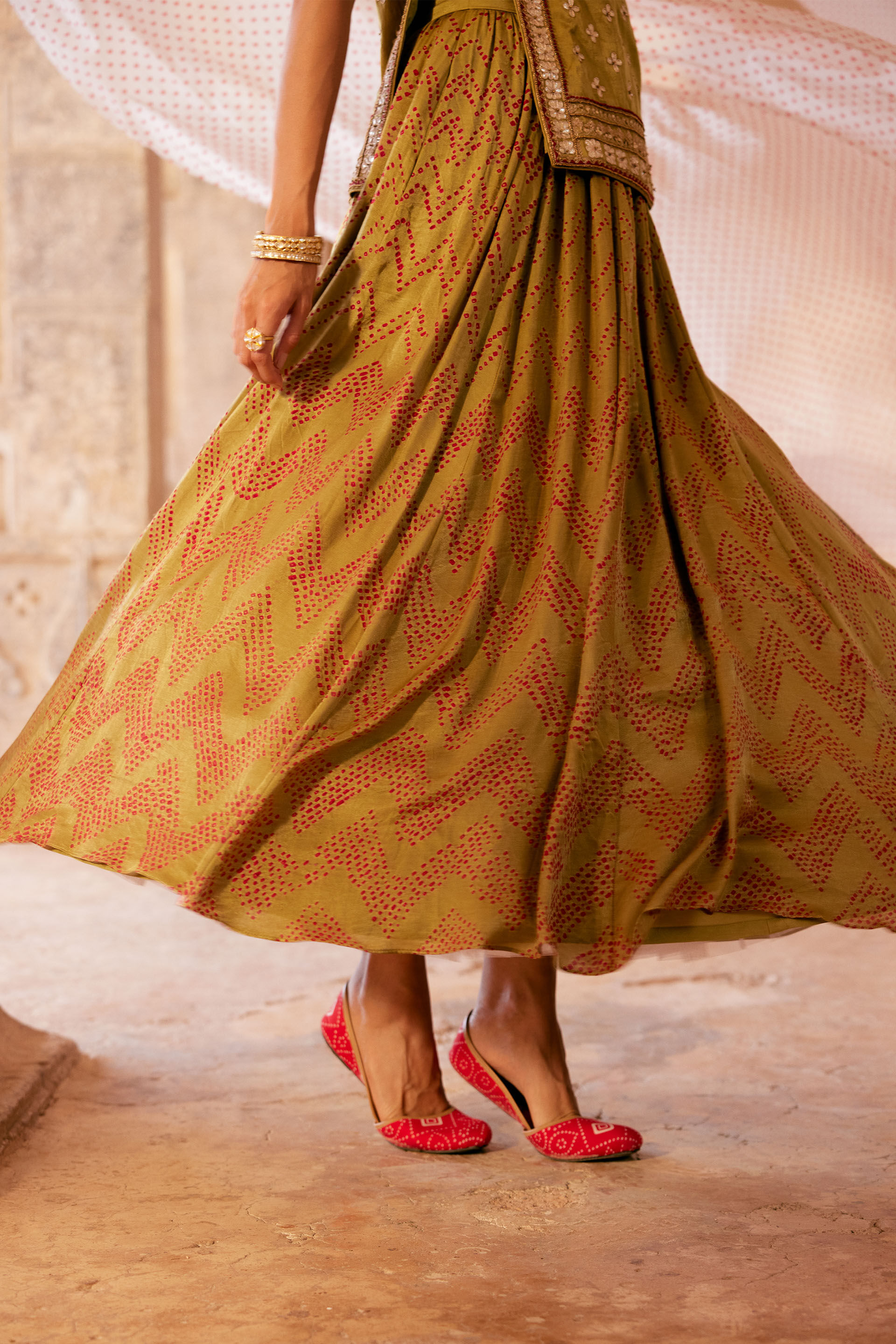 Buy Designer Rann Handcrafted Bandhani Silk Skirt Set Olive Online f