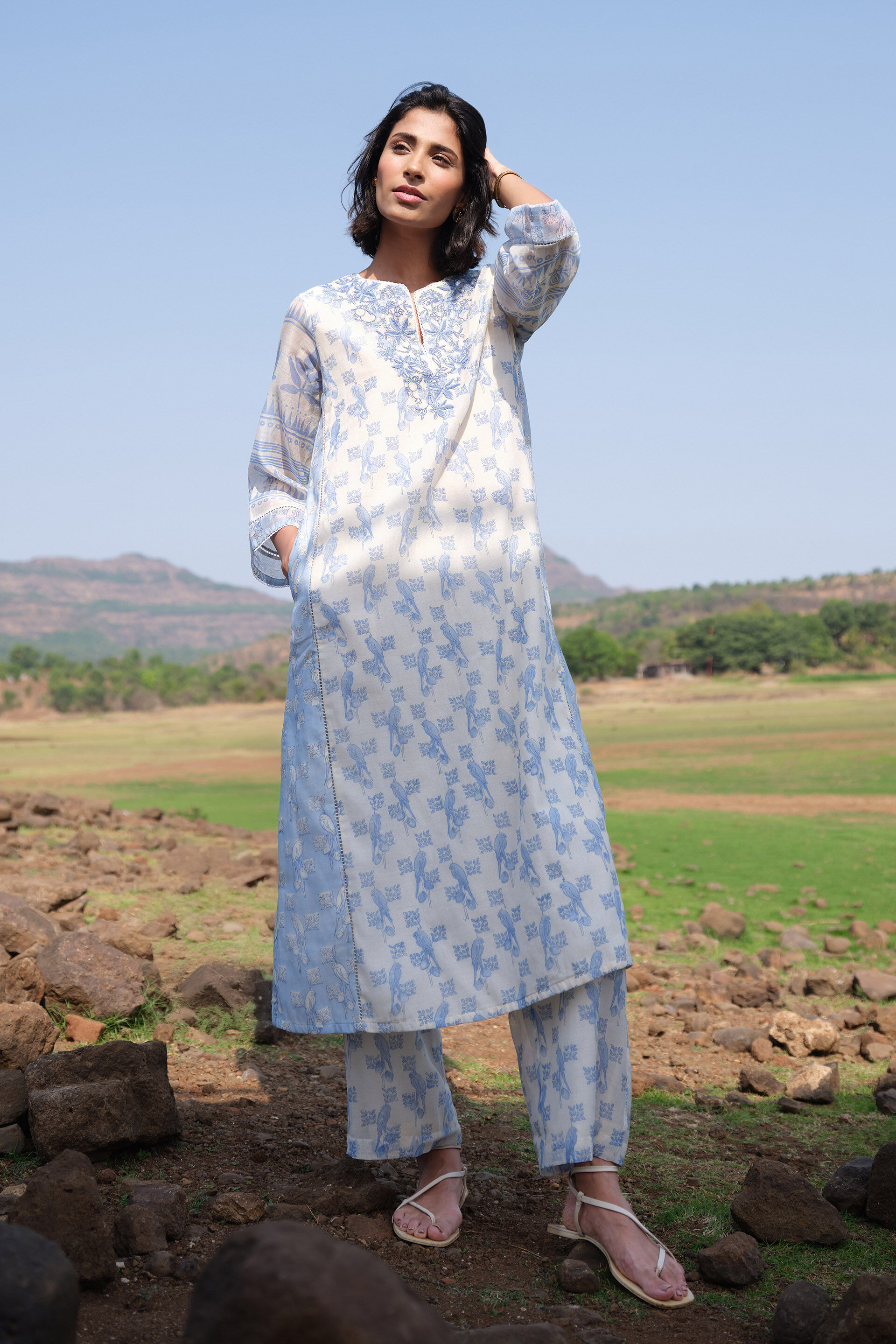 Aves Hand-embroidered Kantha Mul Kurta Set - Blue, White, image 4