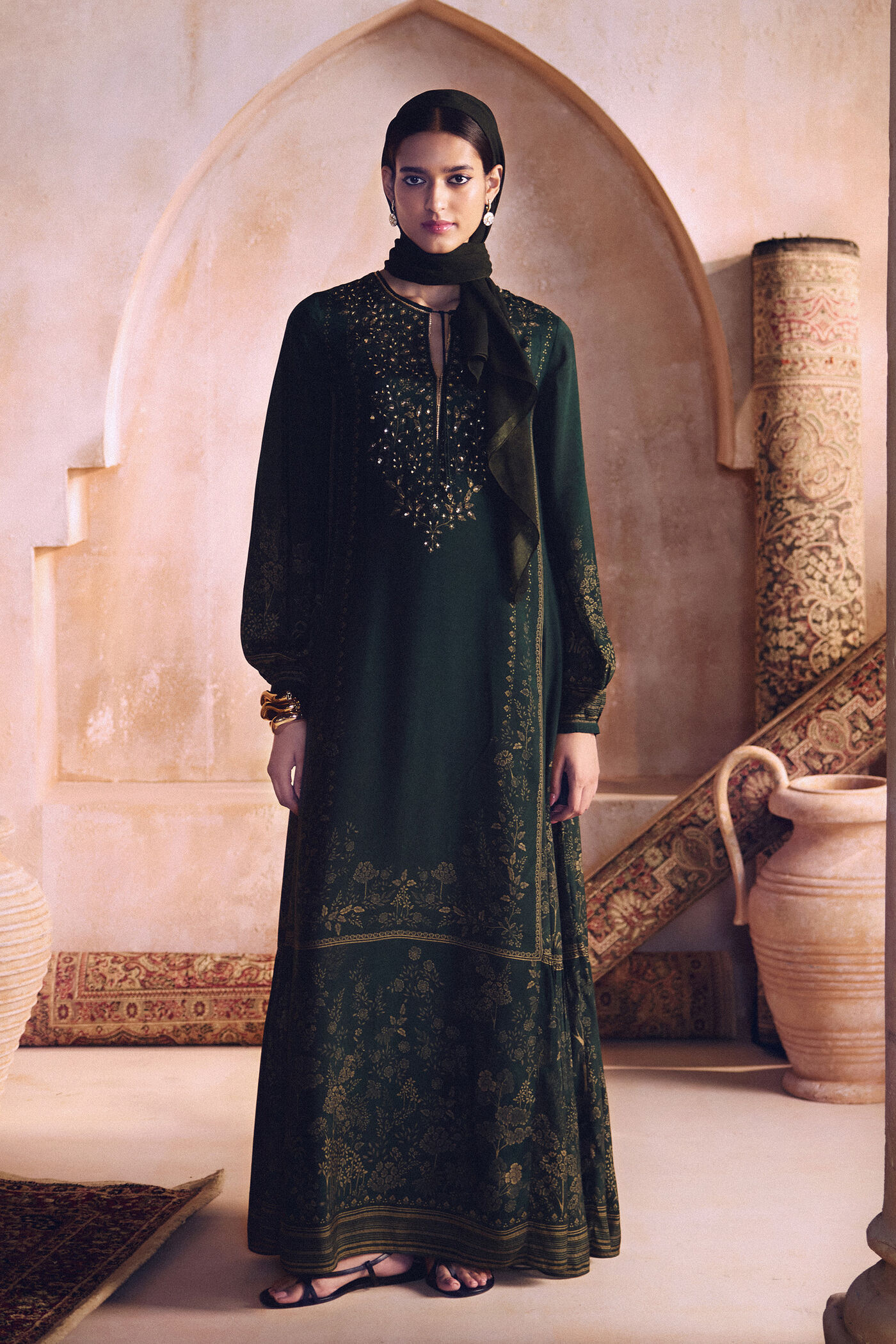 dark green kaftan dress SALE Dark Green Kaftan Dress Farasha Abaya with Heavy Gold Embroidery and Beaded Sleeves