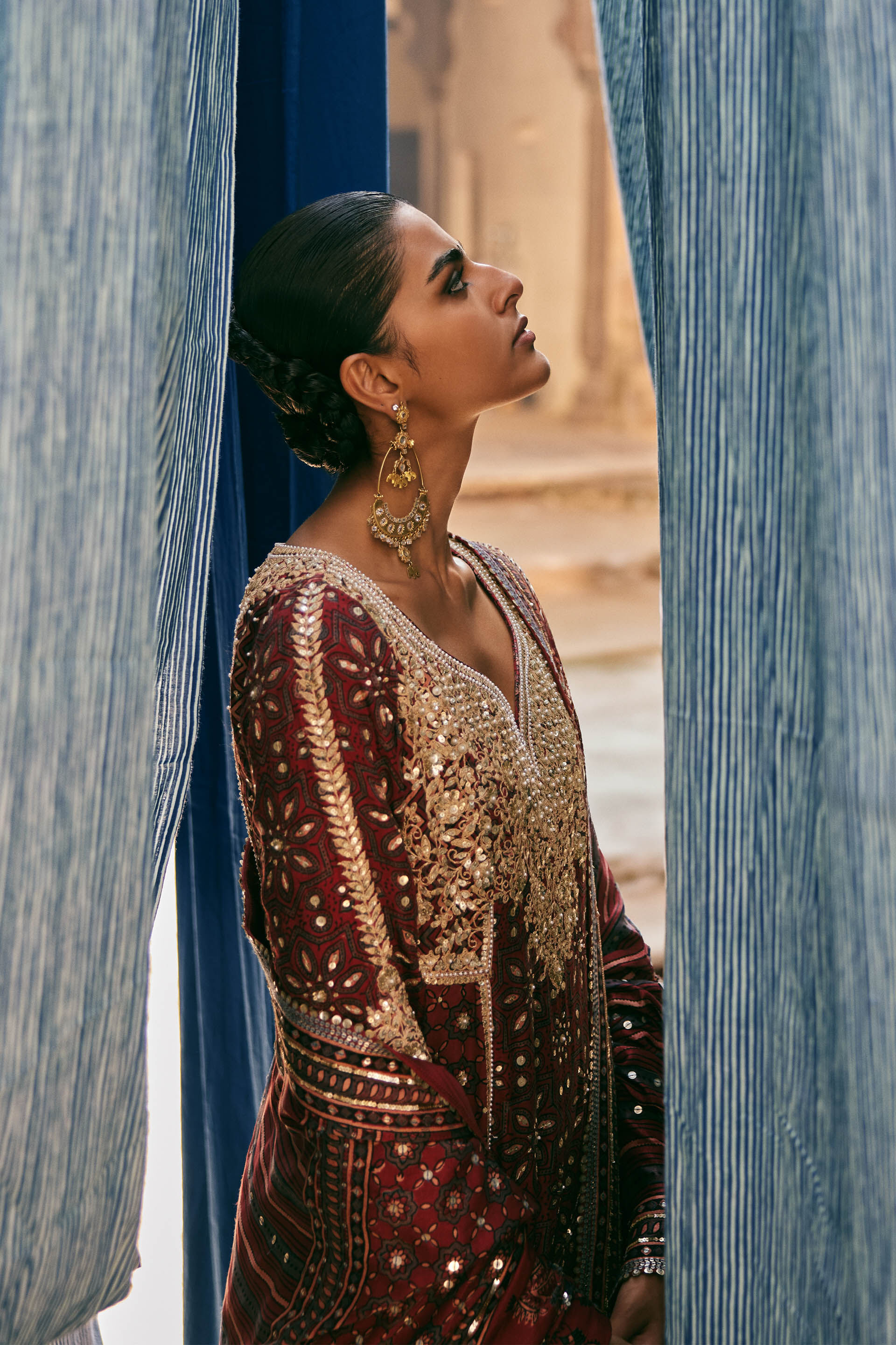 Kirsa Ajrakh Hand-block Printed Silk Sharara Set - Red, Red, image 4