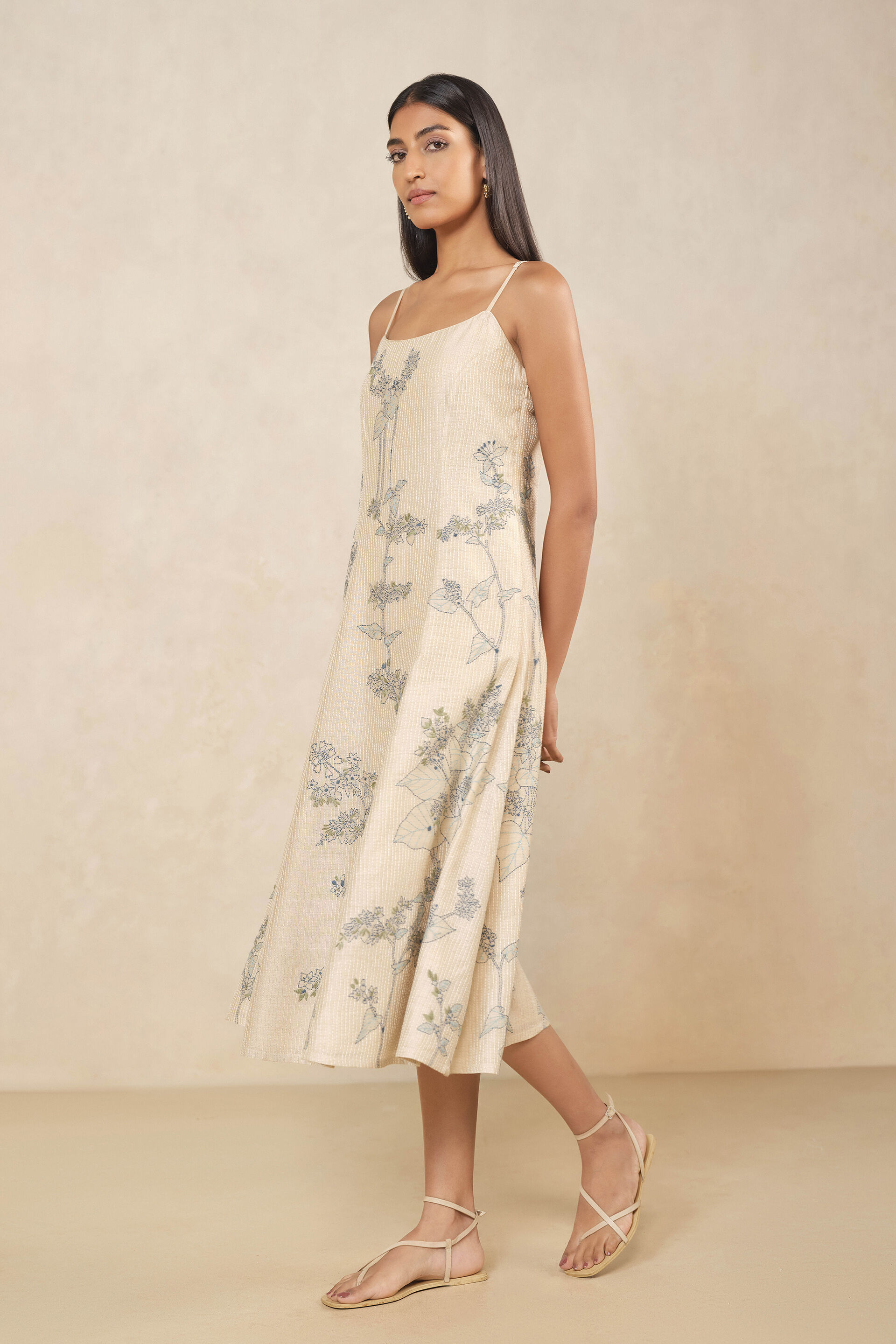 Haiku Hand-embroidered Kantha Silk Dress - Beige, Beige, image 3