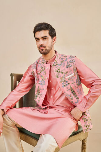 Nalesh Hand-painted Pichhwai Silk Nehru Jacket, Pink, image 6