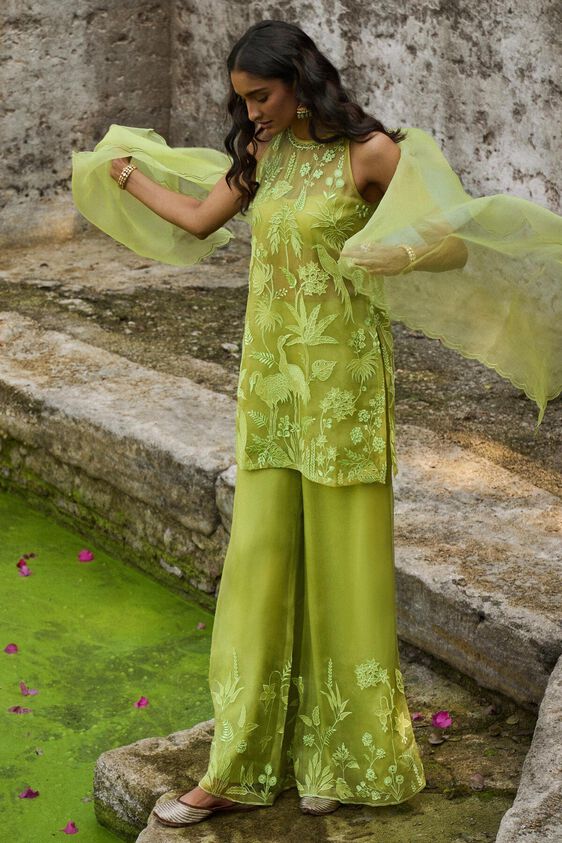 3 - Tropical Flamingos Kurta Set – Lime, image 3