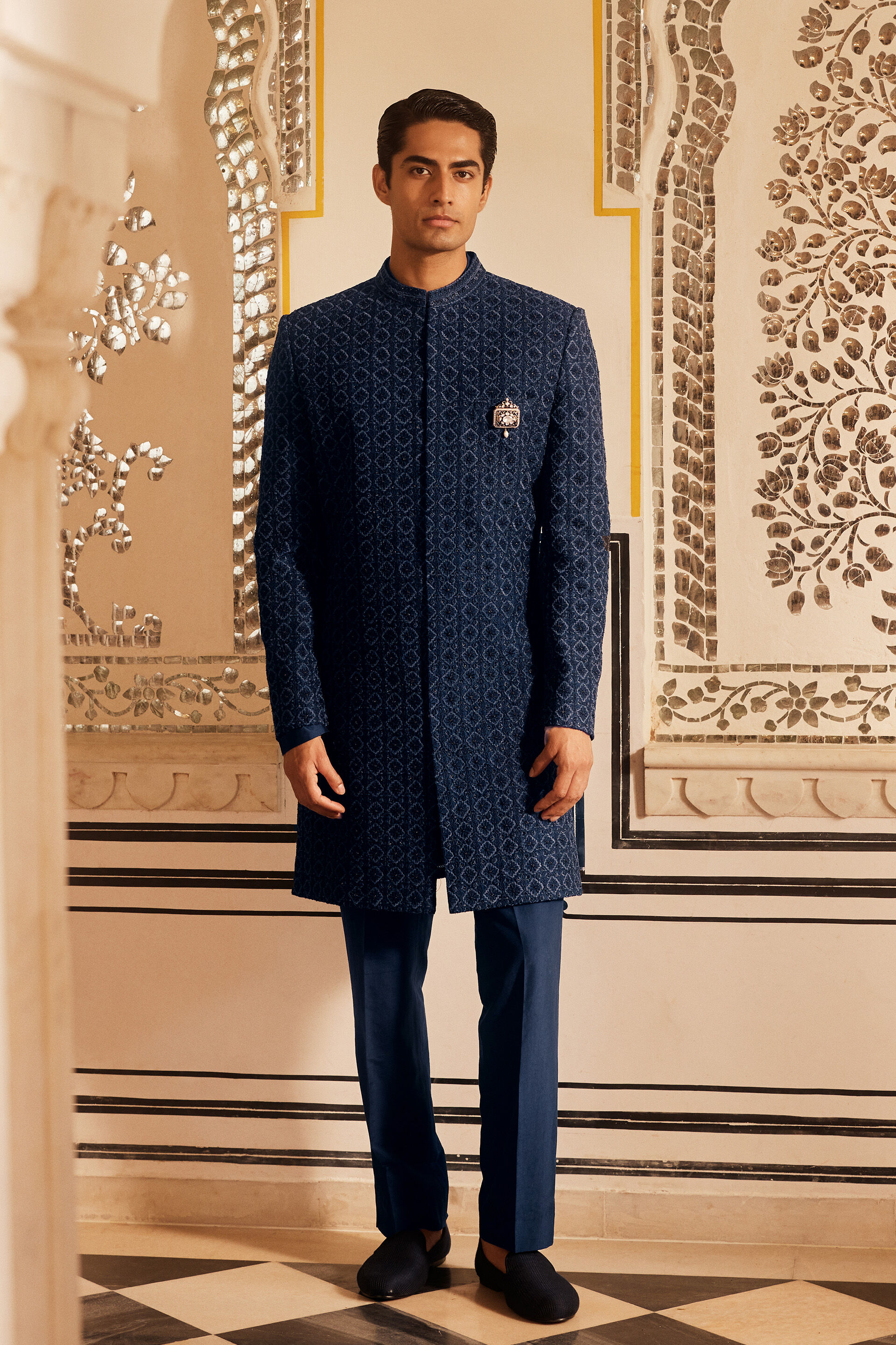 Javaid Embroidered Silk Sherwani - Navy