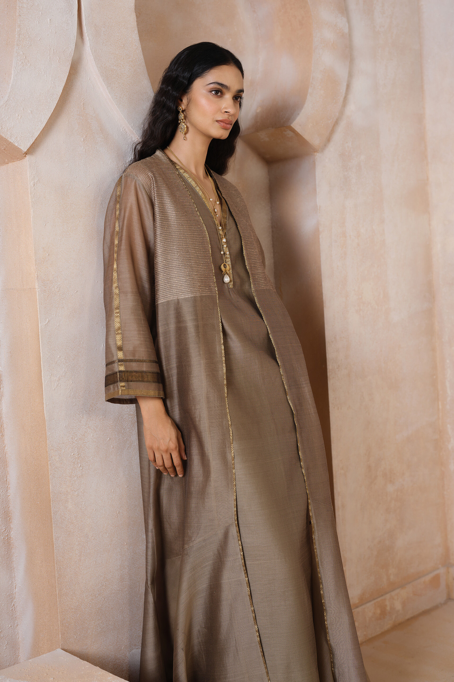 Glyn Handwoven Maheshwari Jacket Set - Khaki, Khaki, image 6