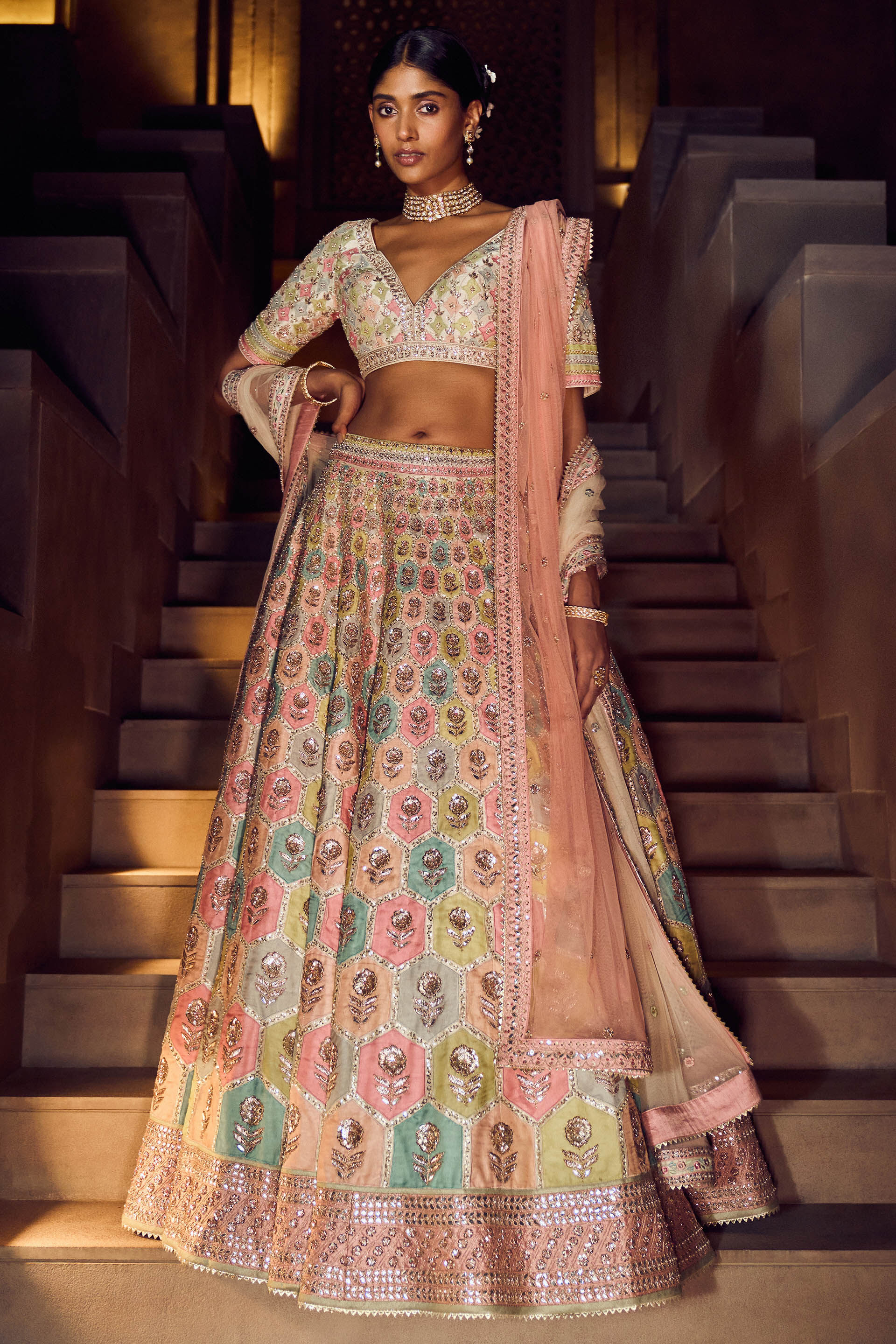 Buy Cream Lehenga In Silk With Foil Print In Heritage And Floral Motifs  Online - Kalki Fashion