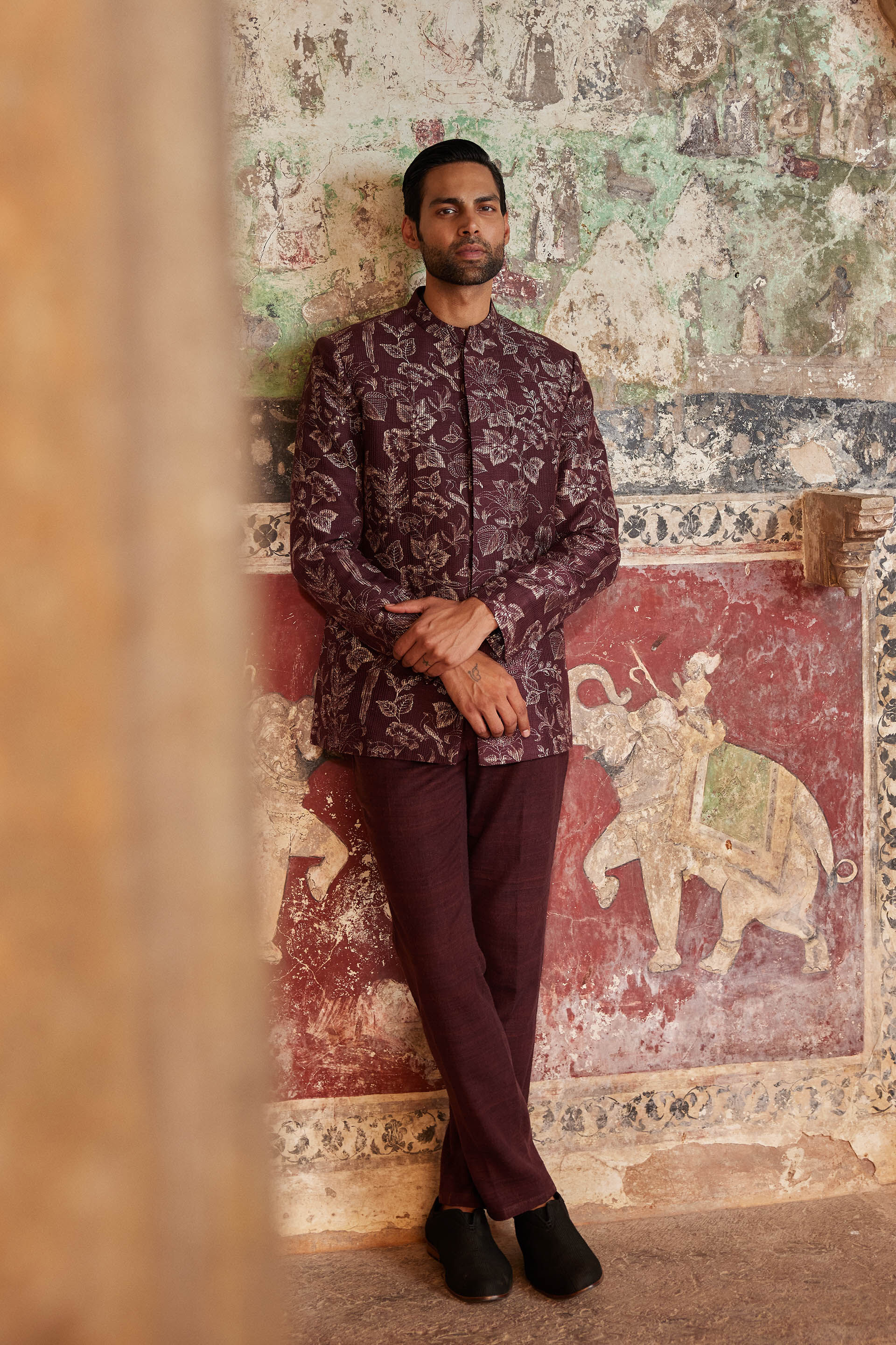 Nilav Printed Silk Bandhgala - Maroon