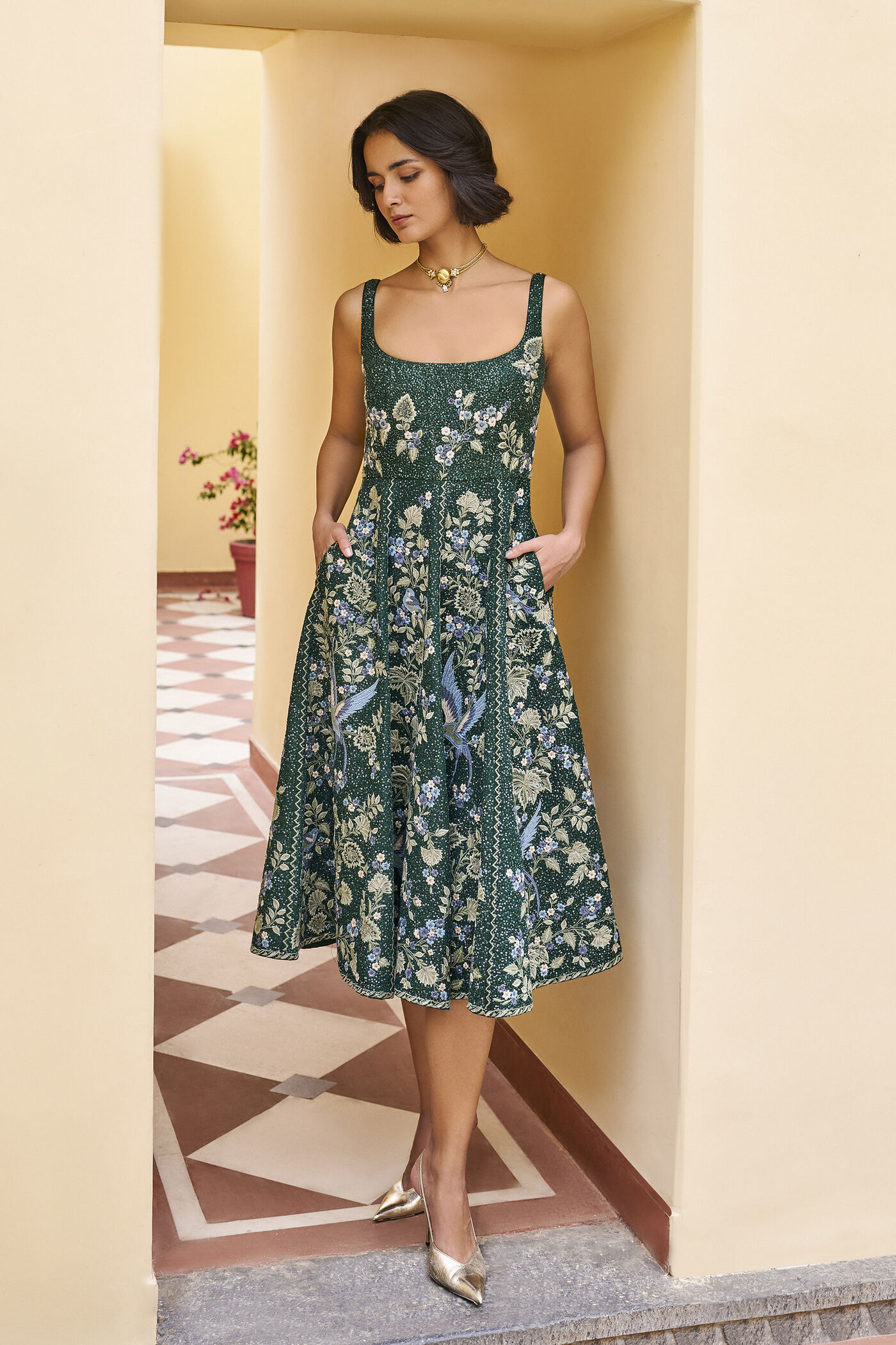 Swoon Embroidered Silk 50's Dress - Green