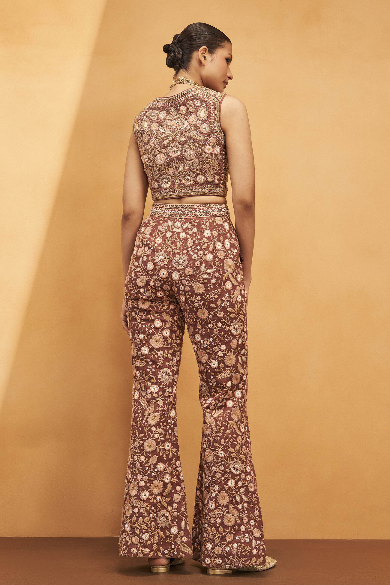 Field Of Flowers Embroidered Silk Pant Set - Brown, Brown, image 2